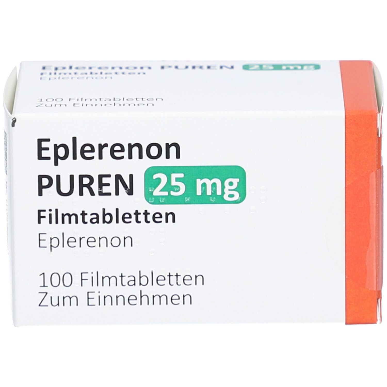 Weiße Faltschachtel. Aufdruck: Eplerenon PUREN 25 mg Filmtabletten. 100 Filmtabletten. Grün-weiße Schrift. Orangefarbener Akzent.