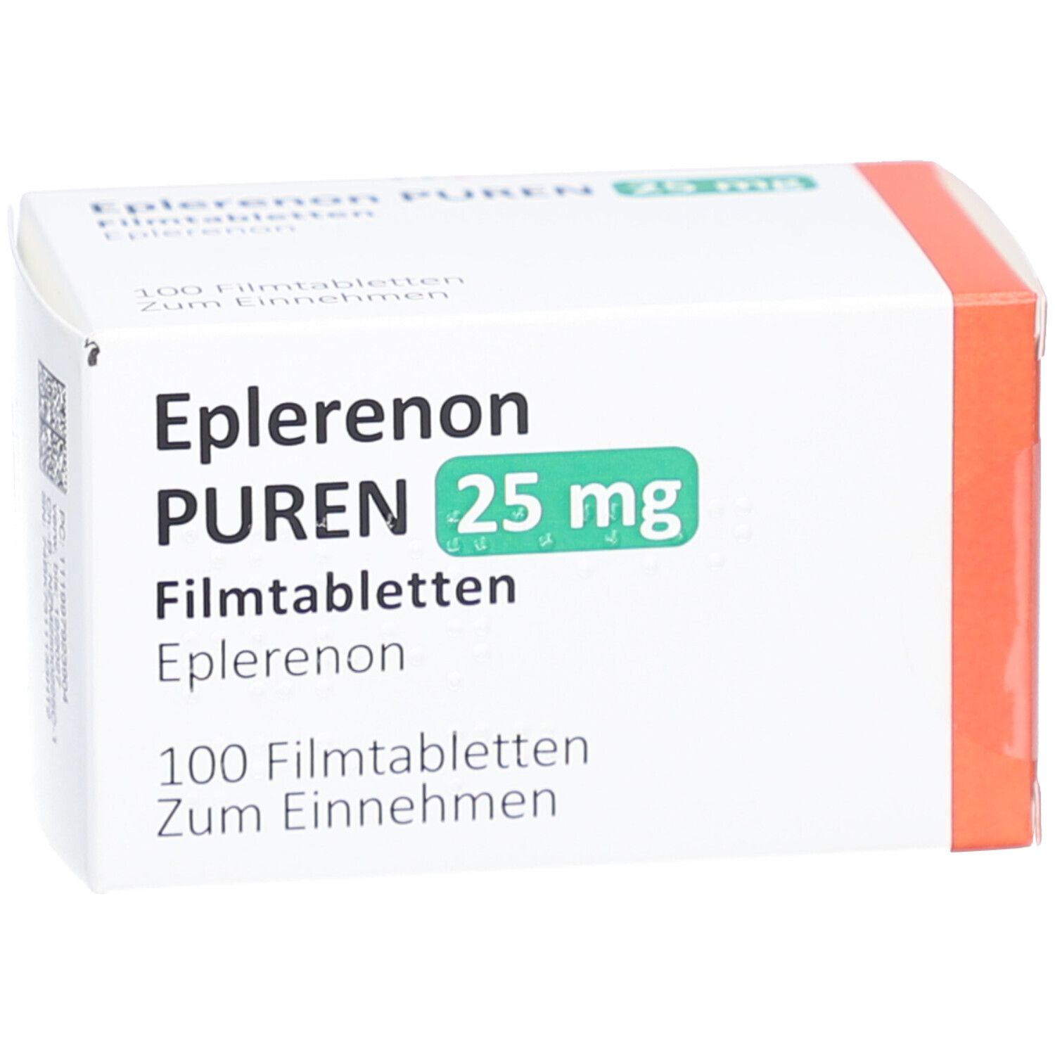 Weiße Faltschachtel. Aufdruck: Eplerenon PUREN 25 mg Filmtabletten. 100 Filmtabletten. Grün-weiße Schrift. Orangefarbener Akzent.