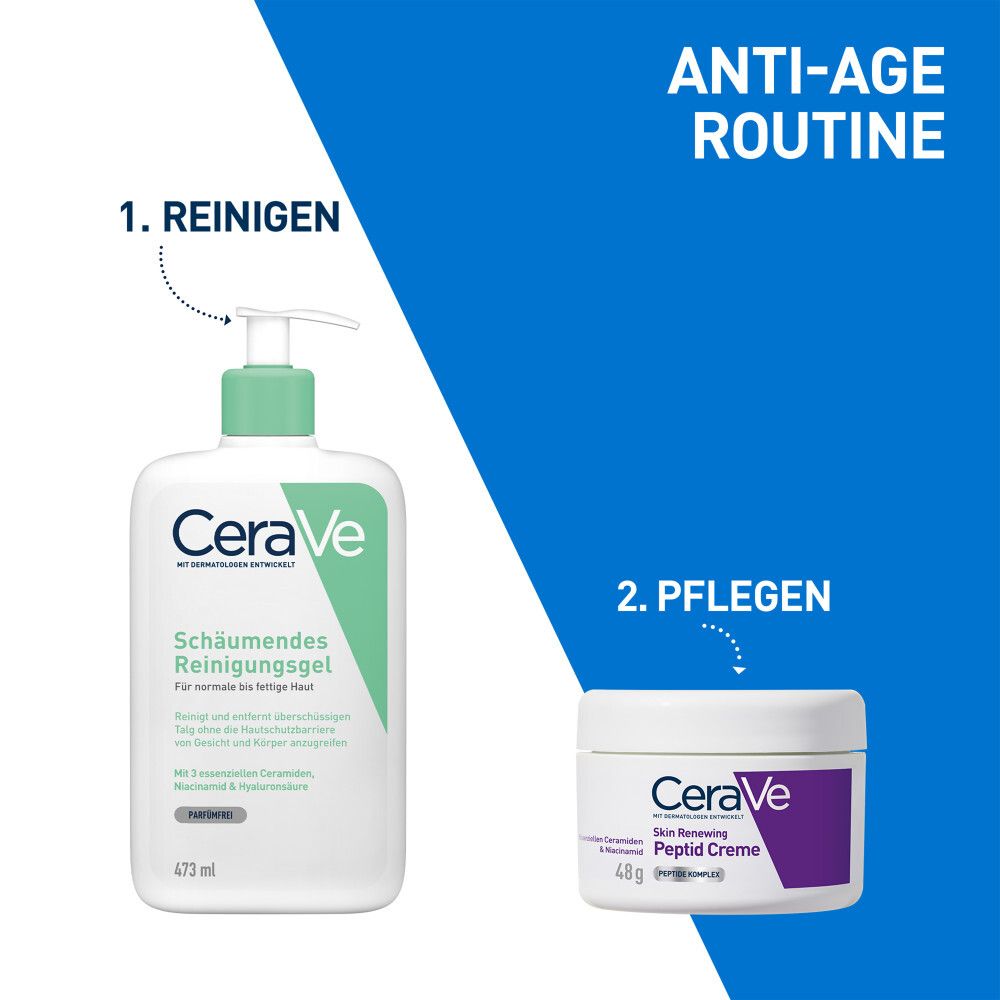 Anti-Aging-Routine: Reinigung mit CeraVe Reinigungsgel, Pflege mit CeraVe Skin Renewing Peptid Creme.