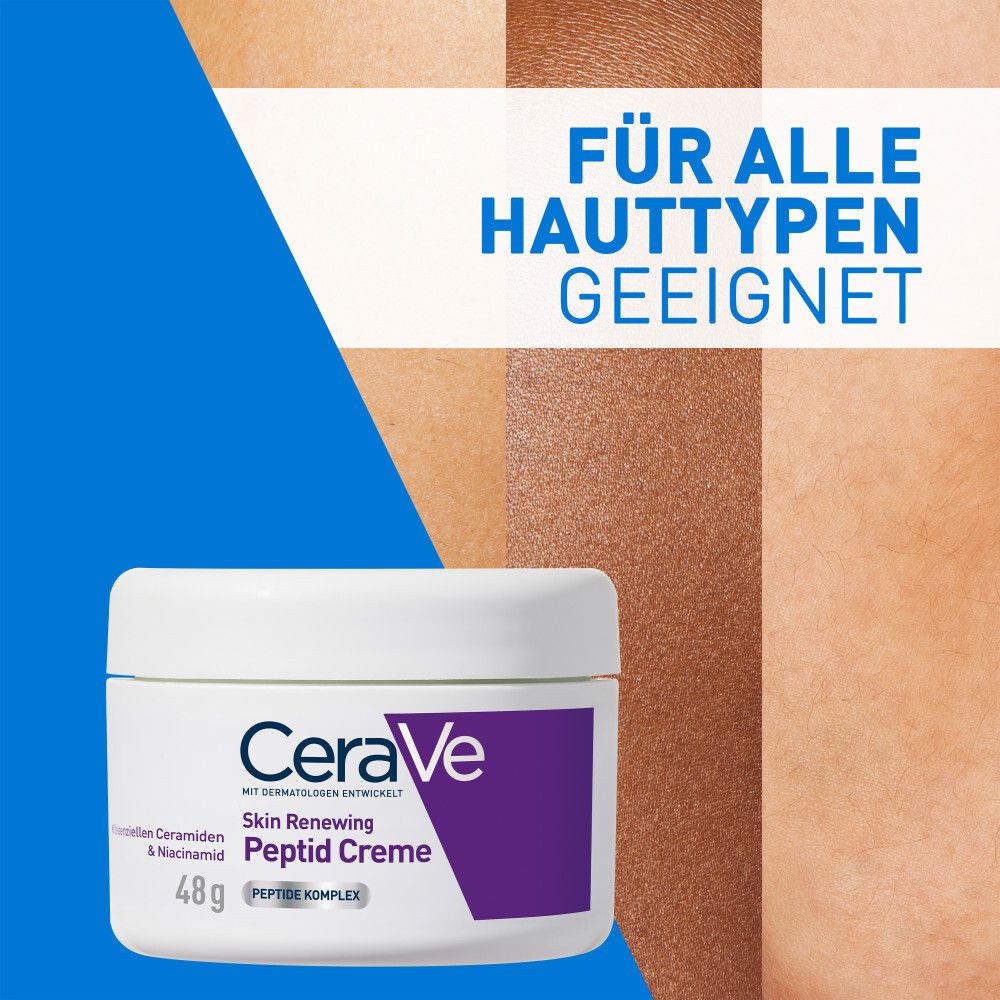 CeraVe Skin Renewing Peptid Creme. Text: Für alle Hauttypen geeignet. Hautfarben-Beispiele.