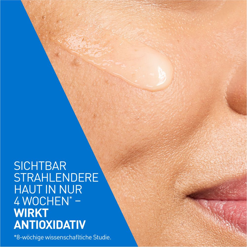Gesicht mit Serum. Sichtbar strahlendere Haut in 4 Wochen. Wirkt antioxidativ.