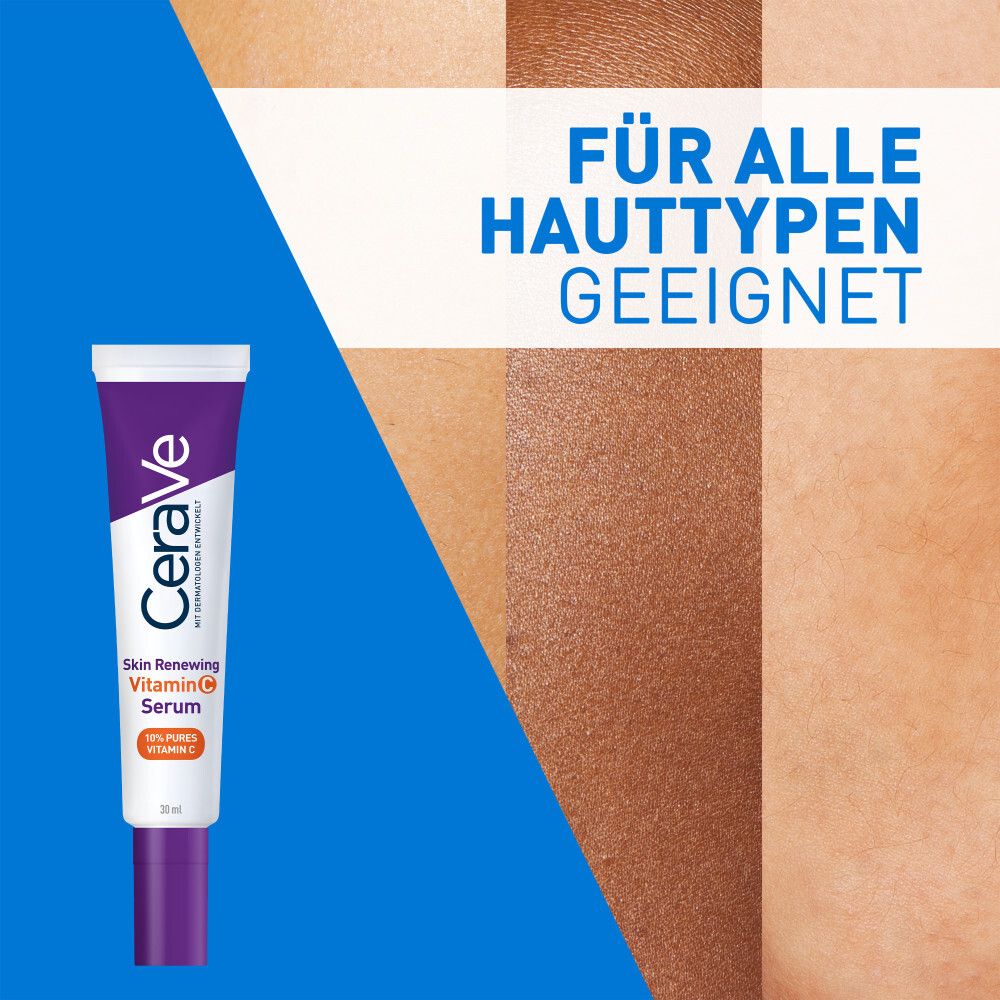Tube CeraVe Skin Renewing Vitamin C Serum neben Hauttypen. Für alle Hauttypen geeignet.