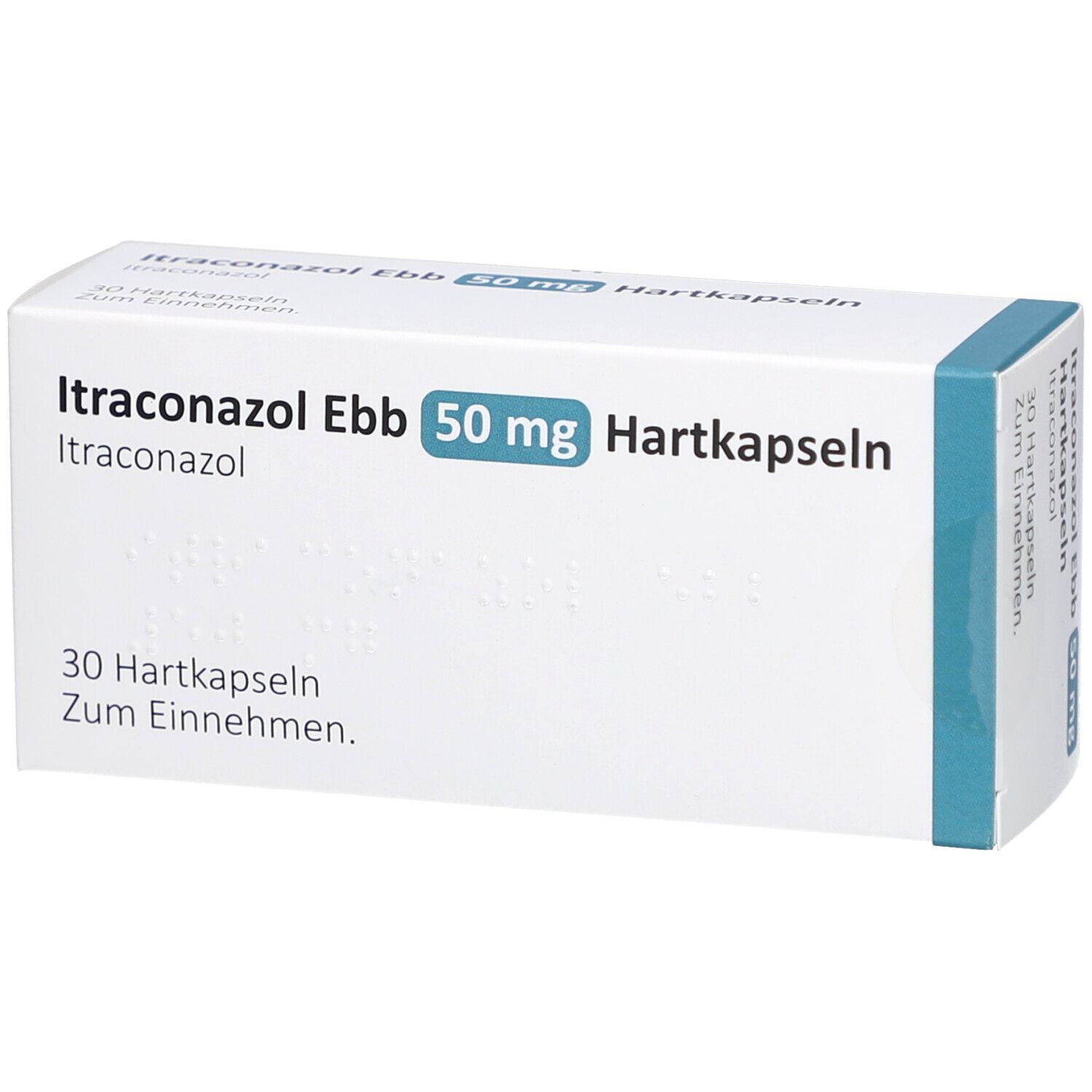 Weiße Schachtel mit blauer Schrift: Itraconazol Ebb 50 mg Hartkapseln. 30 Hartkapseln. Zum Einnehmen.
