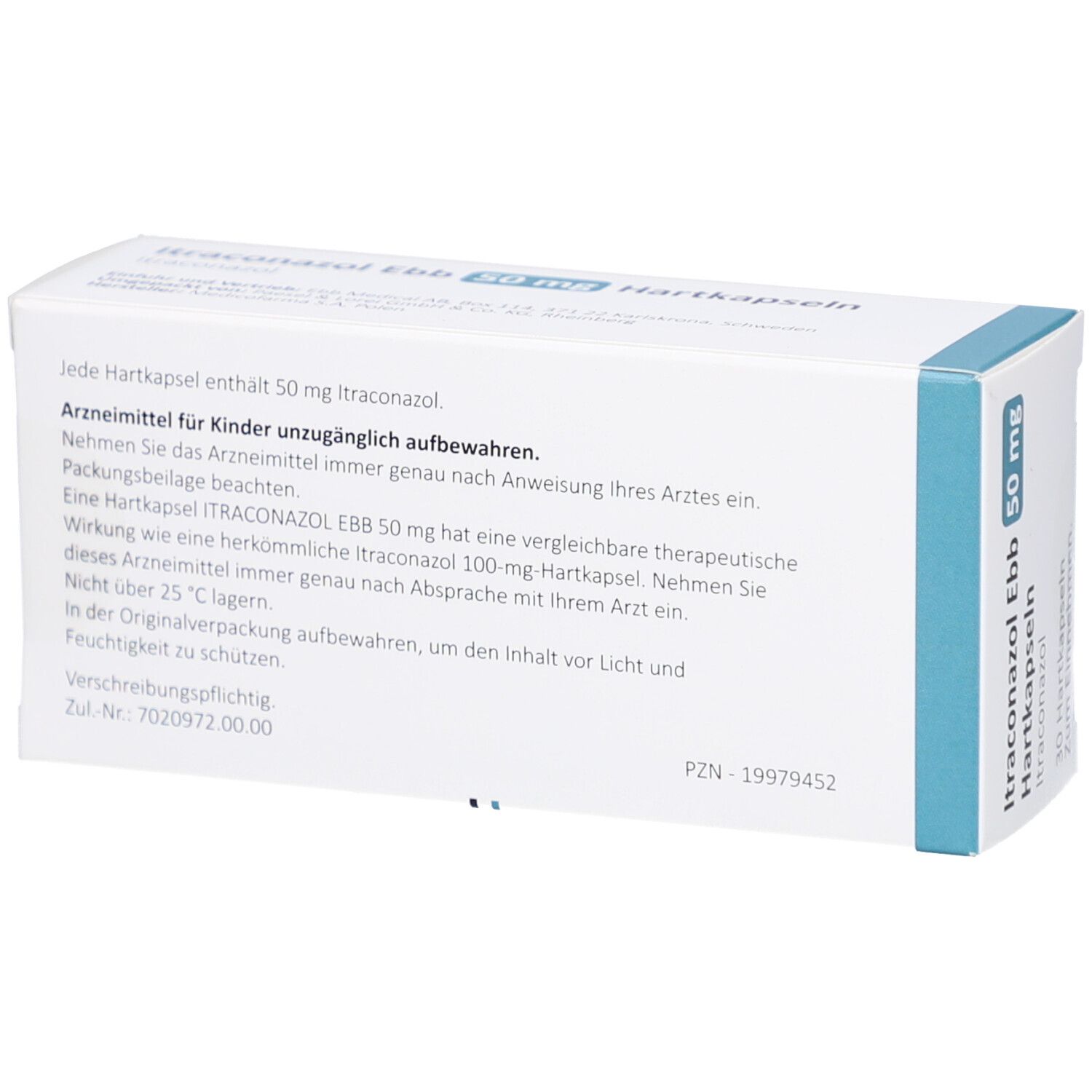 Rückseite der weißen Schachtel. Text: Informationen zu Itraconazol Ebb 50 mg Hartkapseln. PZN-Nummer.