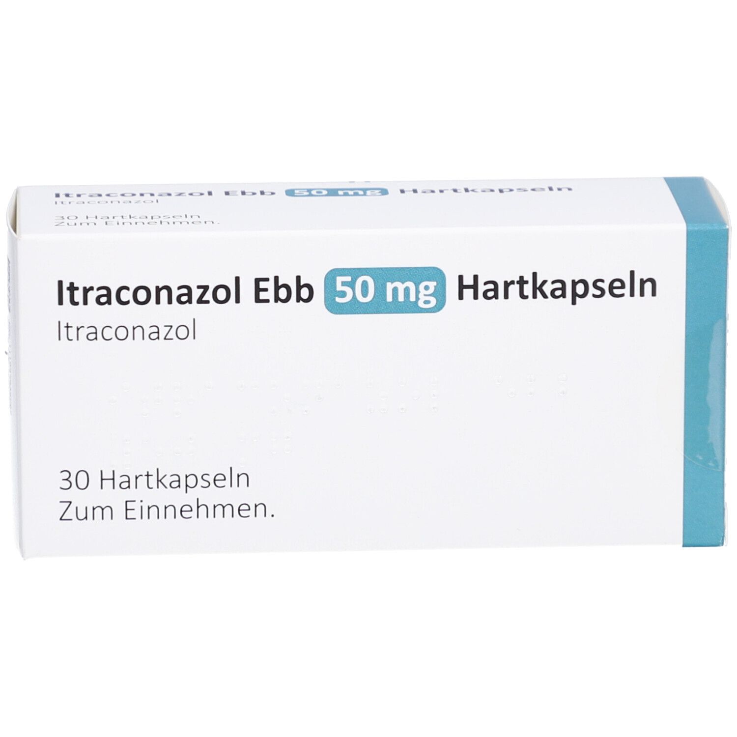 Weiße Schachtel mit blauer Schrift: Itraconazol Ebb 50 mg Hartkapseln. 30 Hartkapseln. Zum Einnehmen.