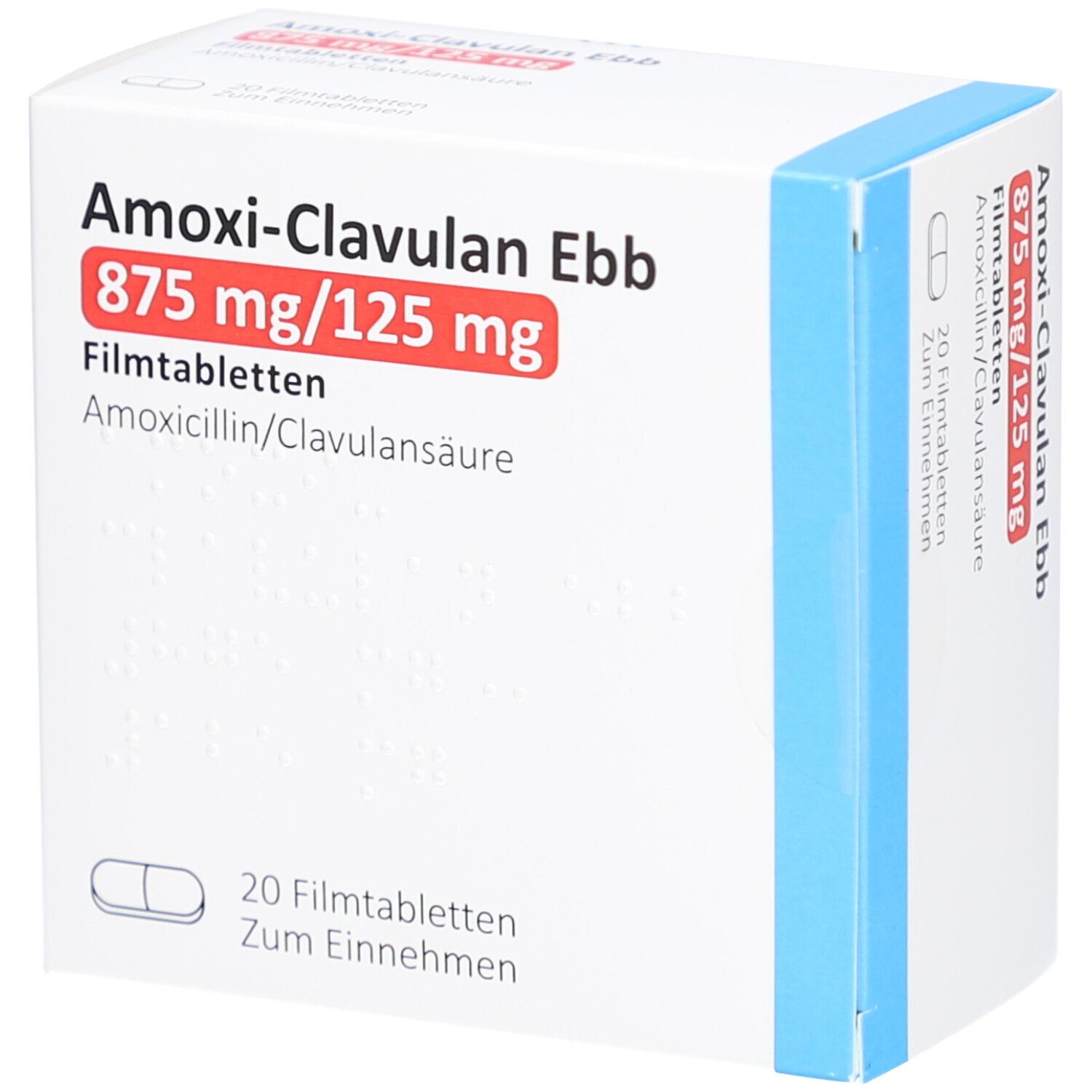 Schachtel mit AMOXI-CLAVULAN Ebb Filmtabletten. Aufschrift: 875 mg/125 mg. 20 Tabletten. Weiße Schachtel mit blauem Akzent.