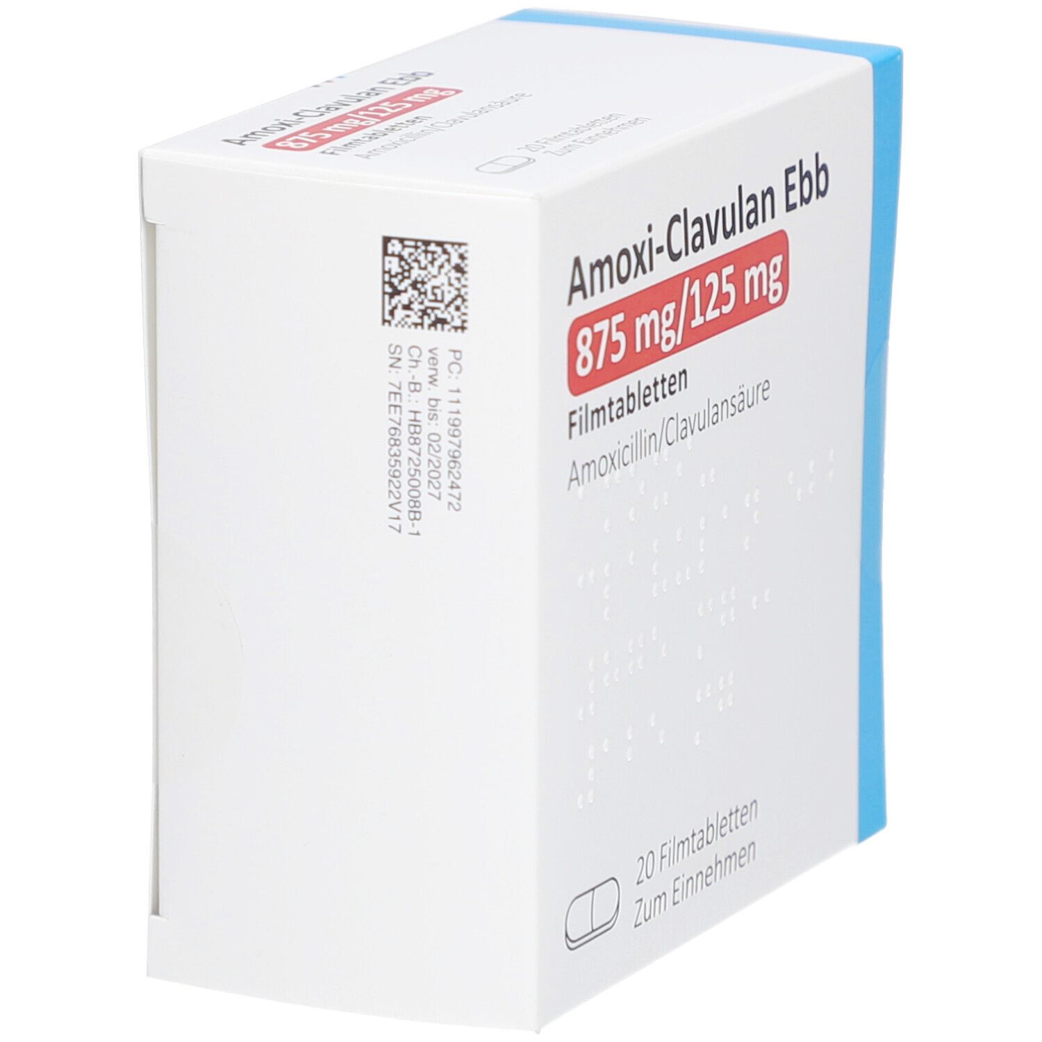 Seitenansicht der AMOXI-CLAVULAN Ebb Schachtel. Weiße Schachtel mit blauem Akzent. Barcode und Produktinformationen.