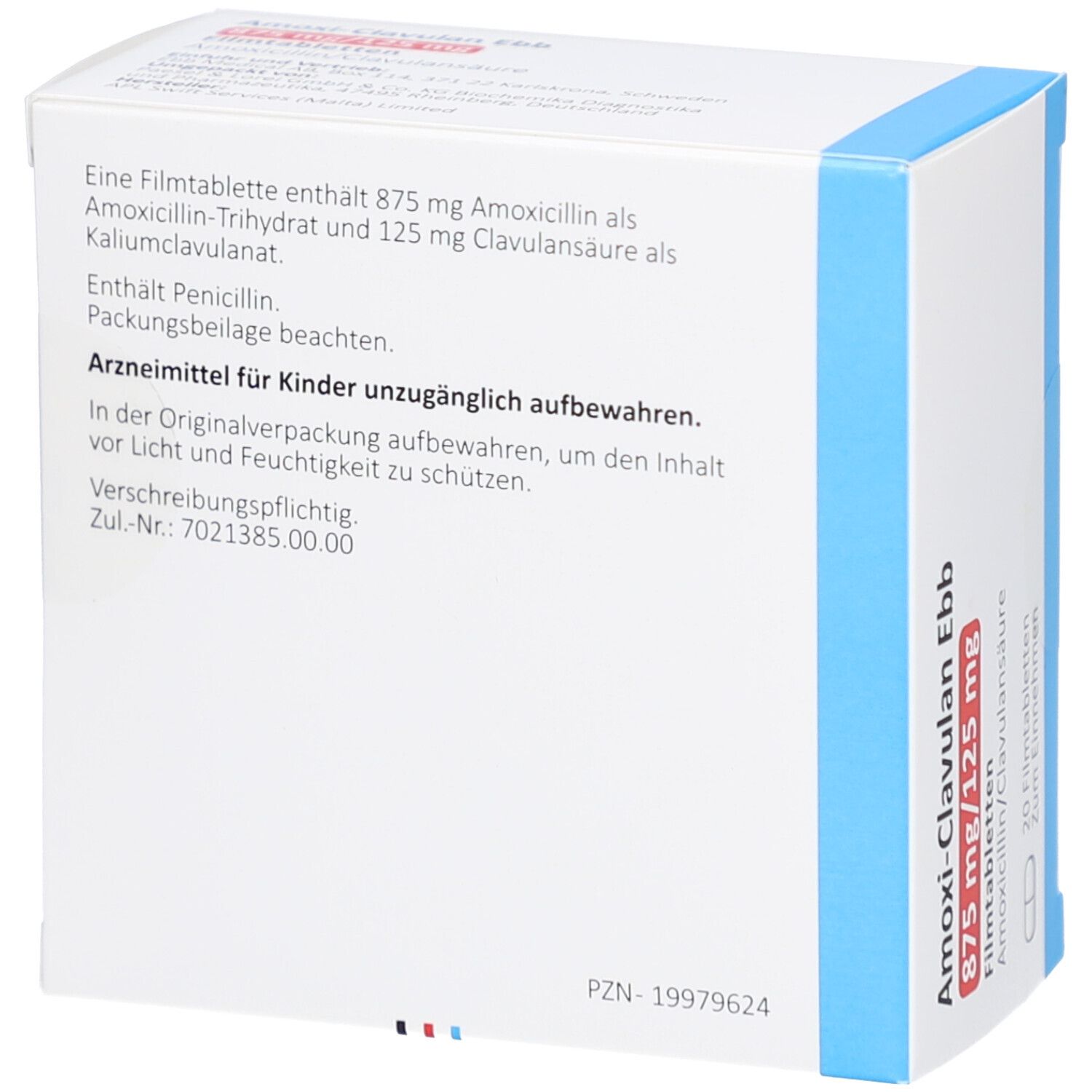 Rückseite der AMOXI-CLAVULAN Ebb Schachtel. Textinformationen, darunter Dosierung und Warnhinweise. Weiße Schachtel.