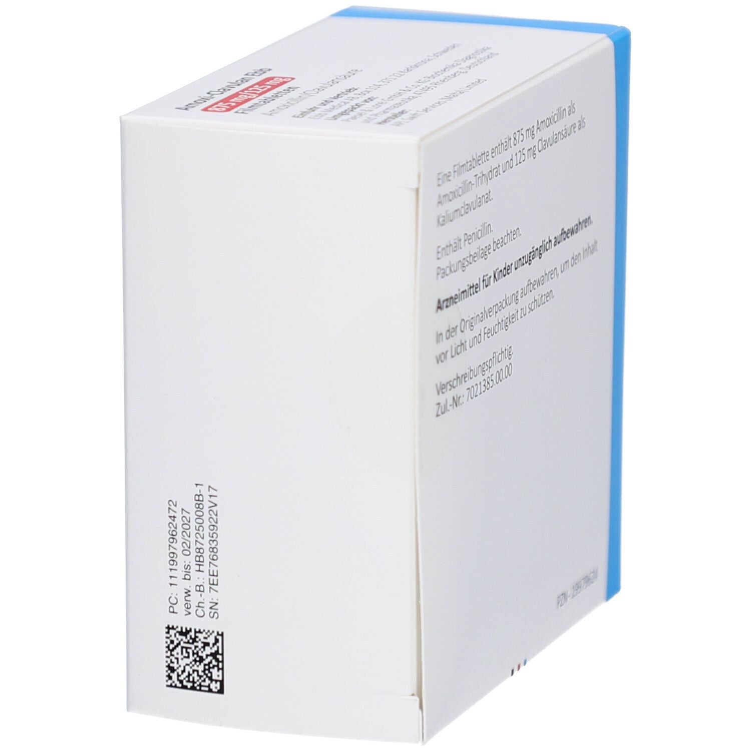 Seitenansicht der AMOXI-CLAVULAN Ebb Schachtel. Textinformationen und Barcode. Weiße Schachtel mit blauem Akzent.