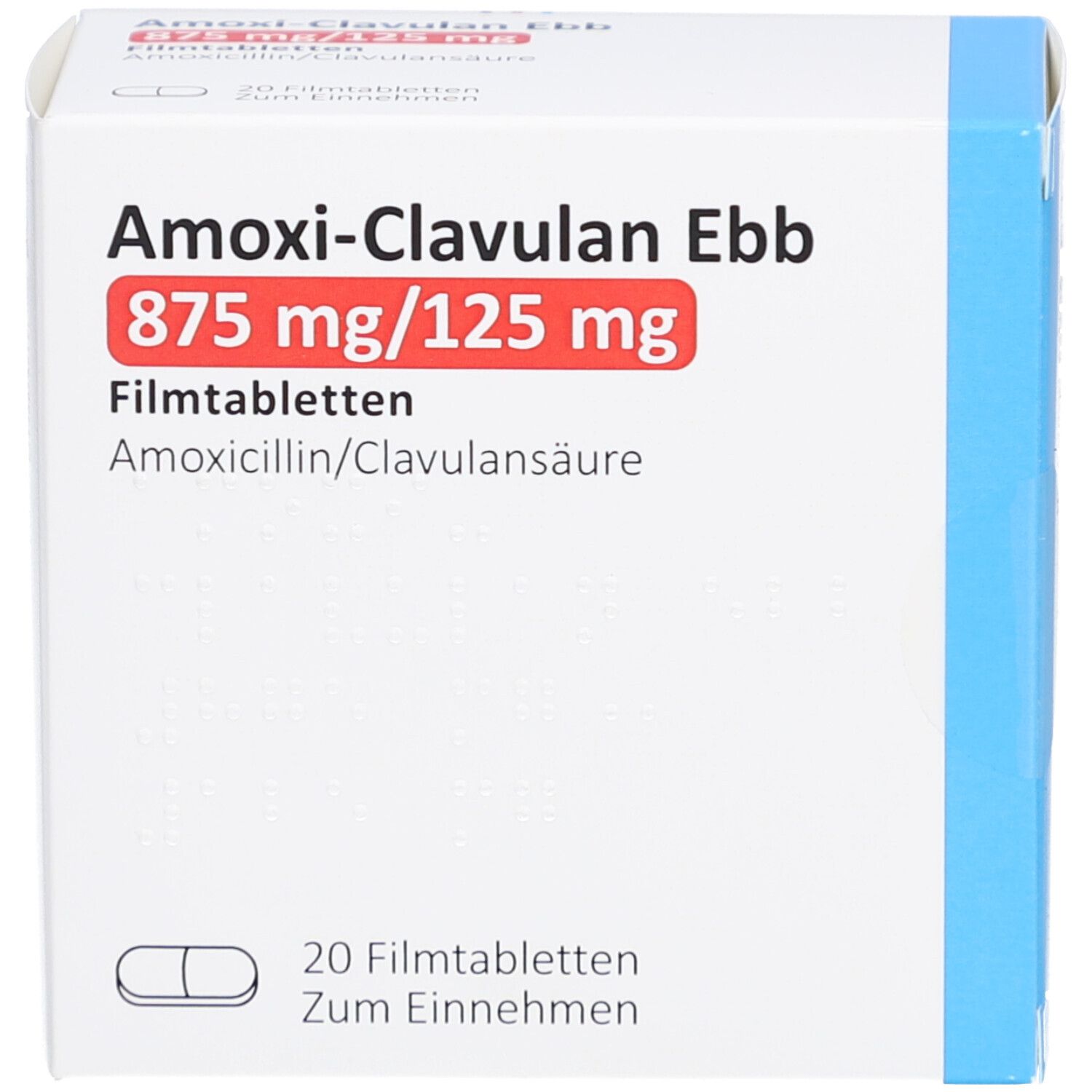 Vorderansicht der AMOXI-CLAVULAN Ebb Schachtel. Aufschrift: 875 mg/125 mg. 20 Filmtabletten. Weiße Schachtel.