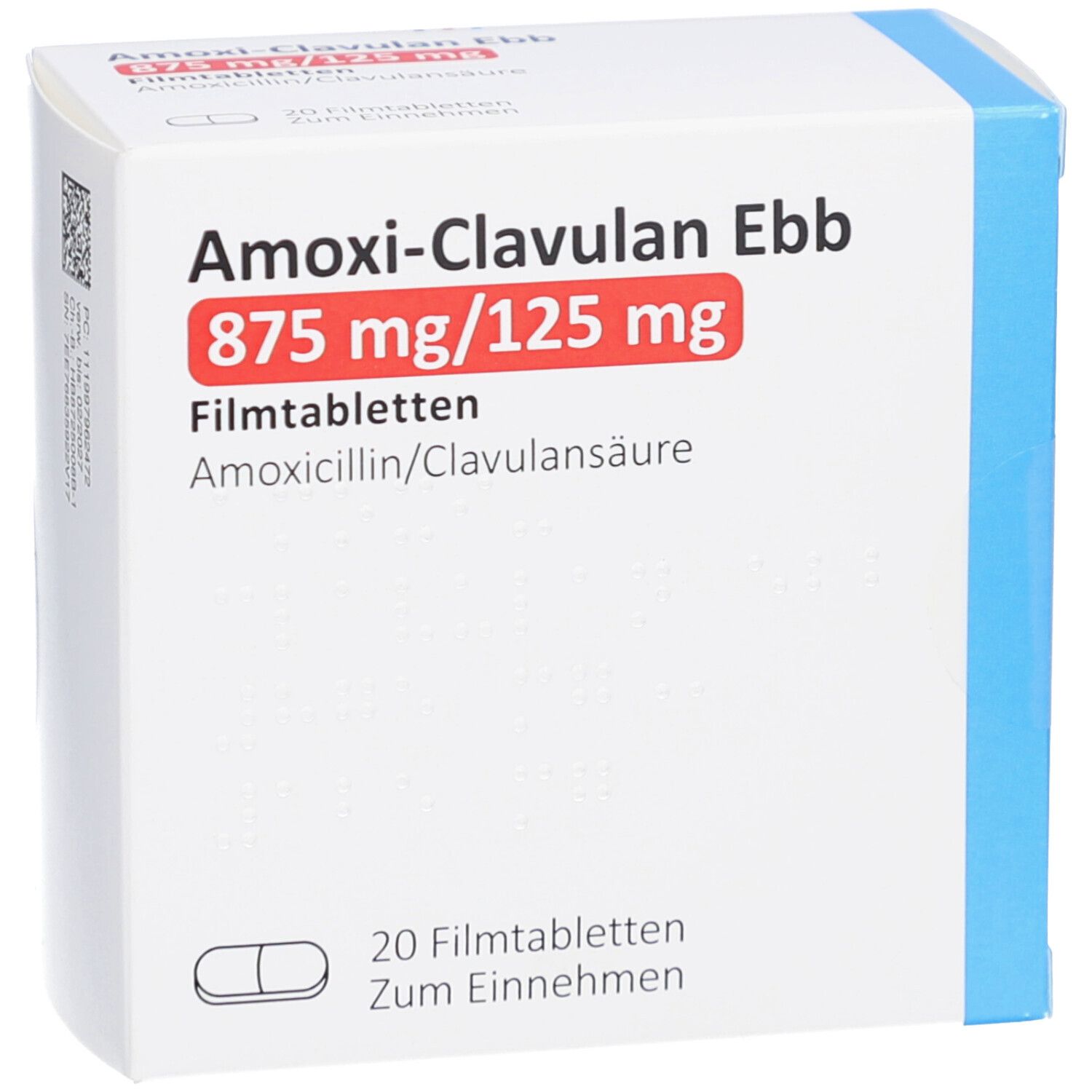 Vorderansicht der AMOXI-CLAVULAN Ebb Schachtel. Aufschrift: 875 mg/125 mg. 20 Filmtabletten. Weiße Schachtel mit blauem Akzent.