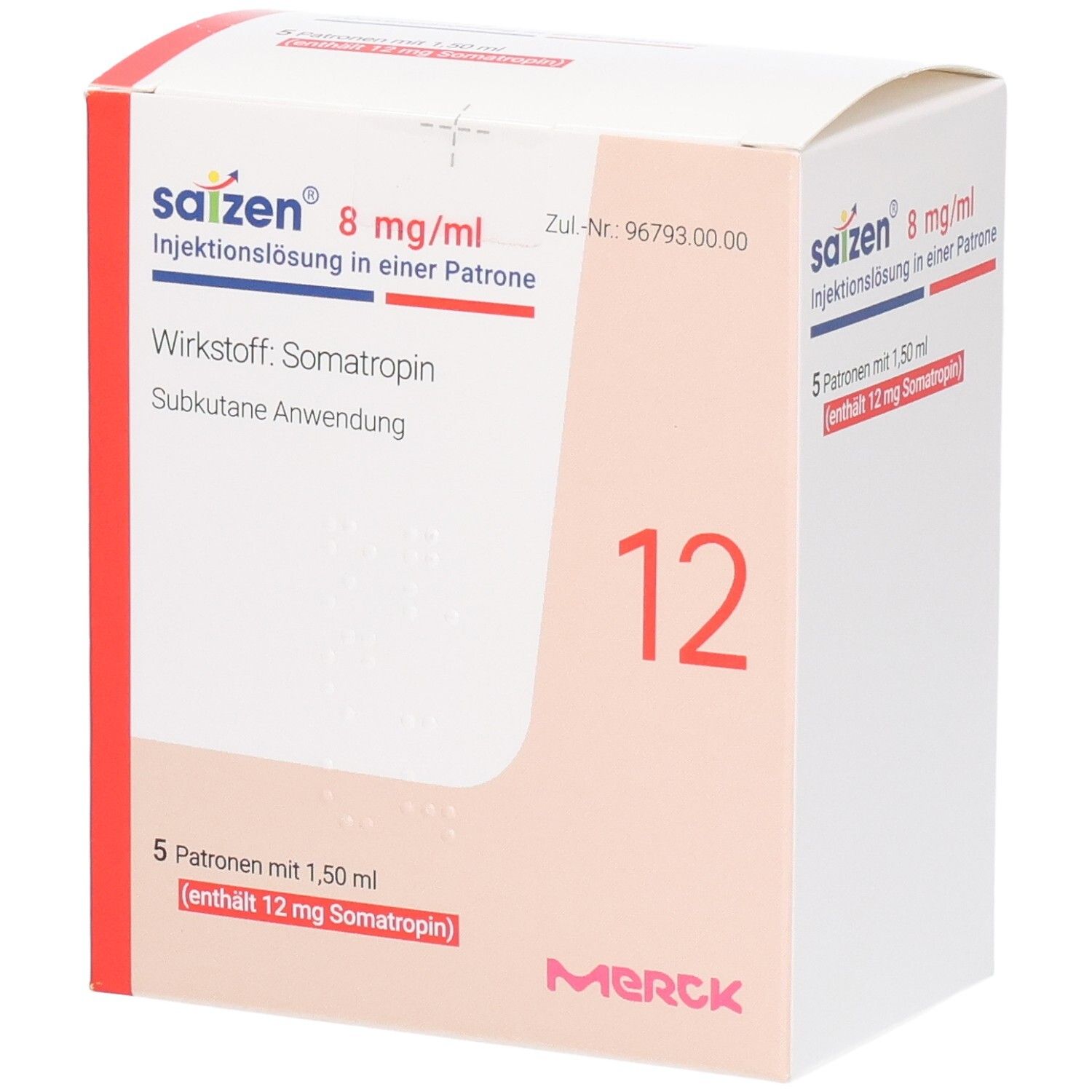 Verpackung von SAIZEN 8 mg/ml Injektionslsg.i.e.Patrone. Enthält 5 Patronen mit 1,50 ml (12 mg Somatropin). Merck-Logo.
