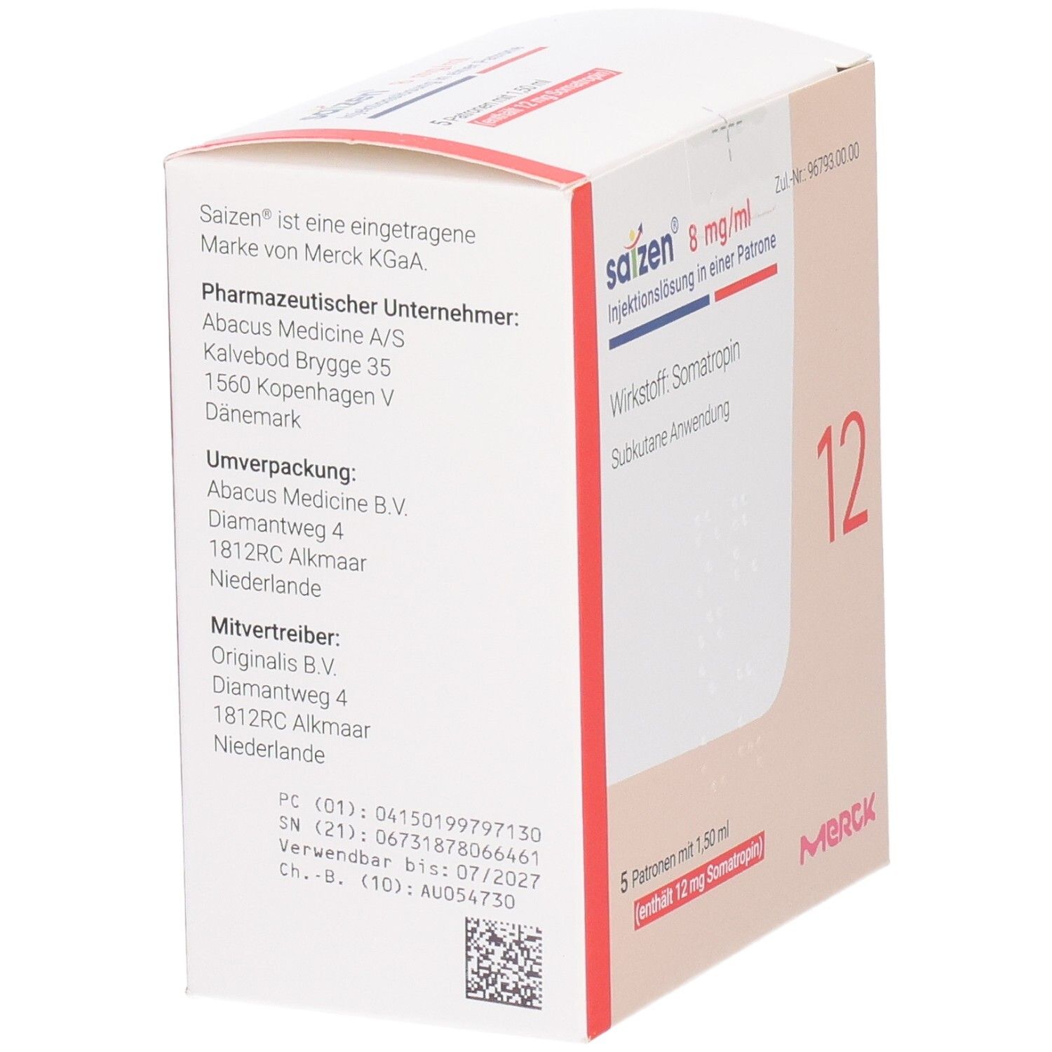 Rückseite der SAIZEN-Verpackung. Enthält Informationen zu Hersteller, Vertrieb und Inhaltsstoffen. QR-Code und Merck-Logo.
