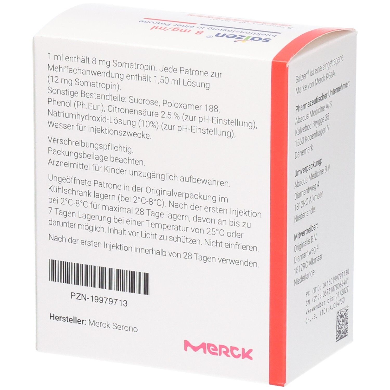 Rückseite der SAIZEN-Verpackung. Enthält Informationen zu Inhaltsstoffen, Anwendung und Lagerung. Merck-Logo.