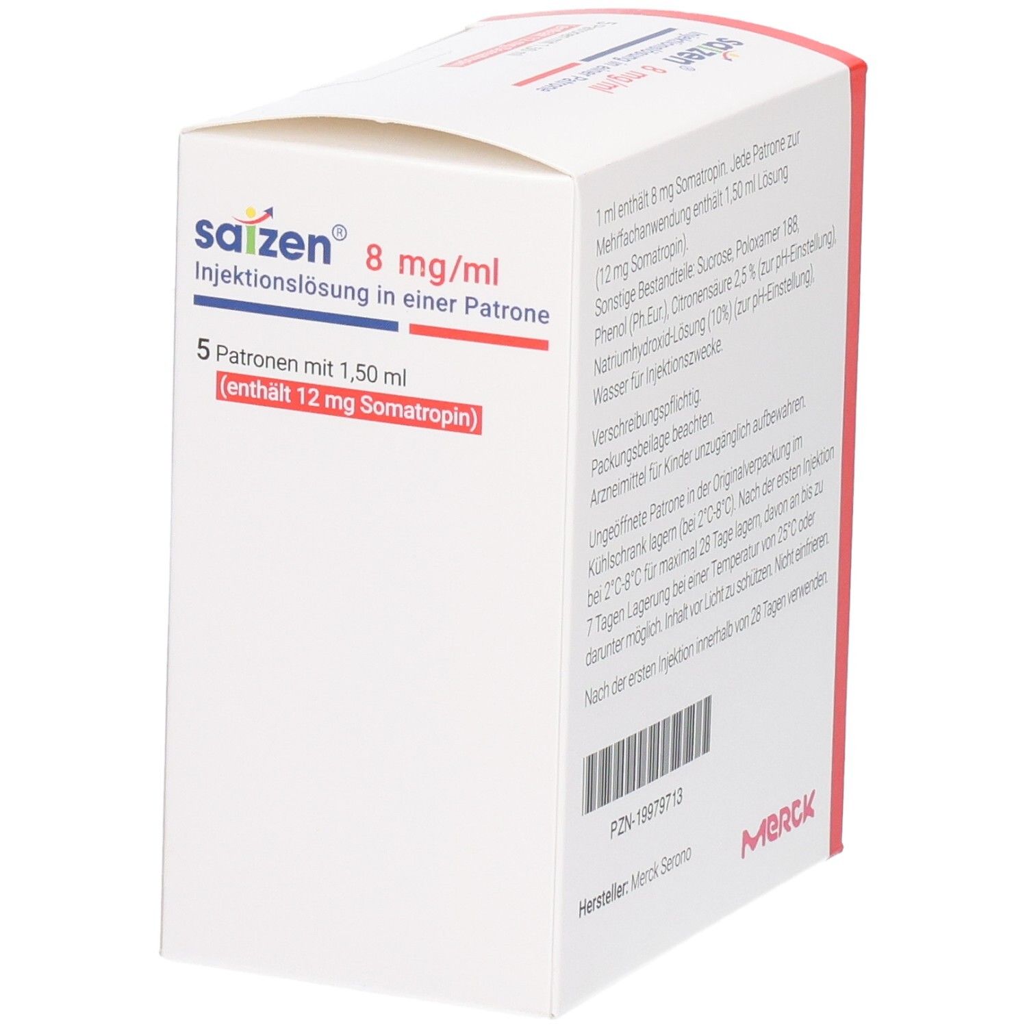 Seitenansicht der SAIZEN-Verpackung. Enthält Informationen zu Inhaltsstoffen, Anwendung und Lagerung. Merck-Logo.