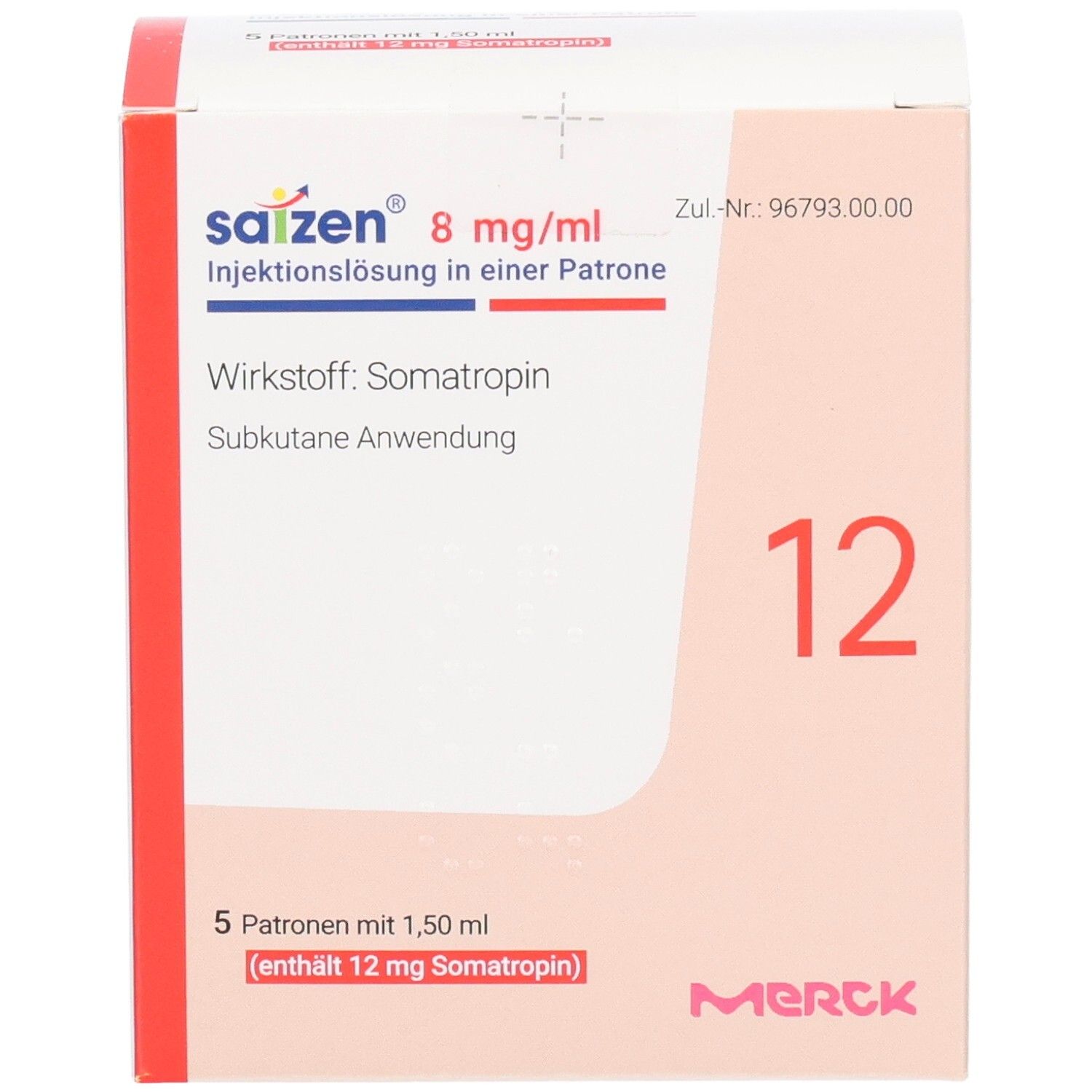 Verpackung von SAIZEN 8 mg/ml Injektionslsg.i.e.Patrone. Enthält 5 Patronen mit 1,50 ml (12 mg Somatropin). Merck-Logo.