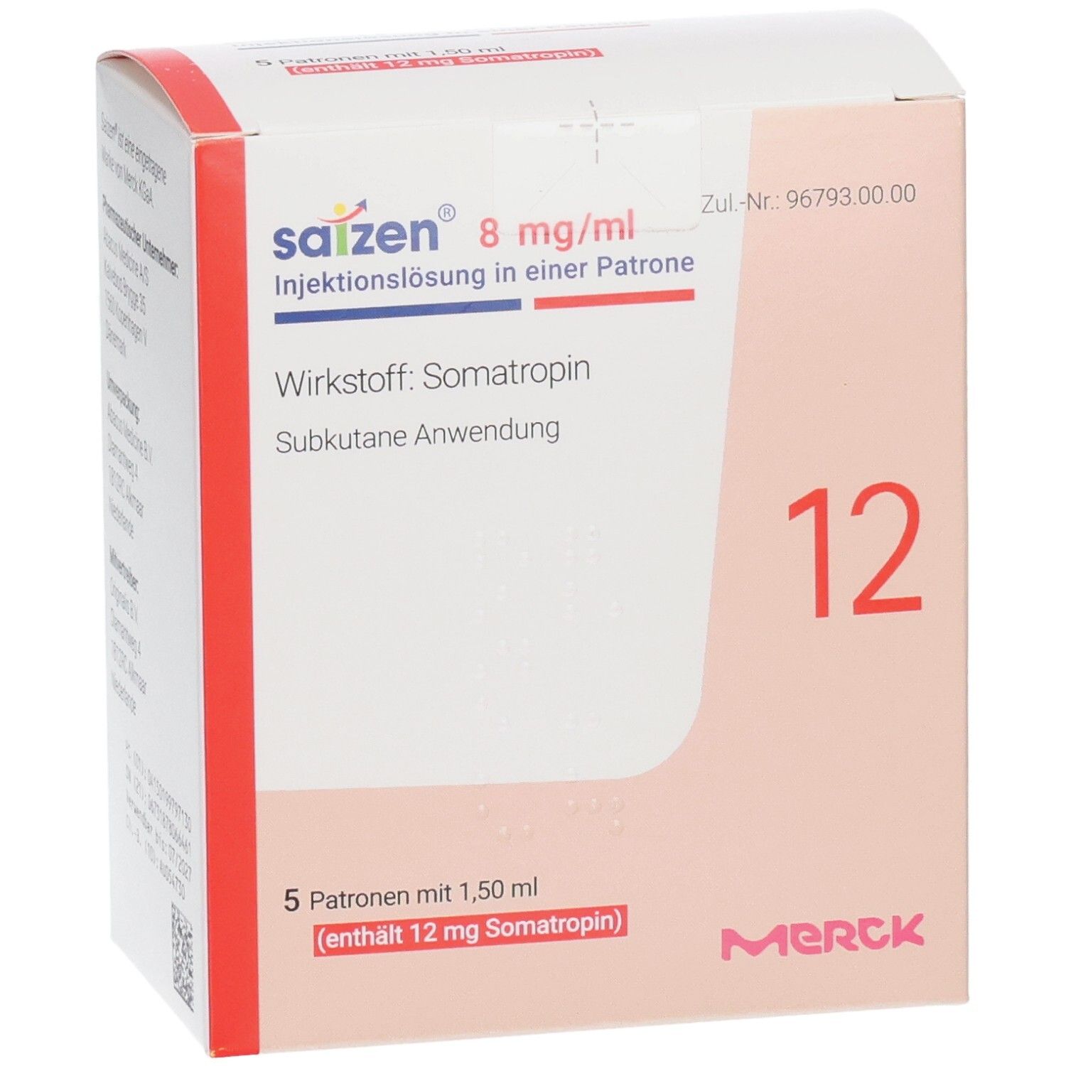 Verpackung von SAIZEN 8 mg/ml Injektionslsg.i.e.Patrone. Enthält 5 Patronen mit 1,50 ml (12 mg Somatropin). Merck-Logo.