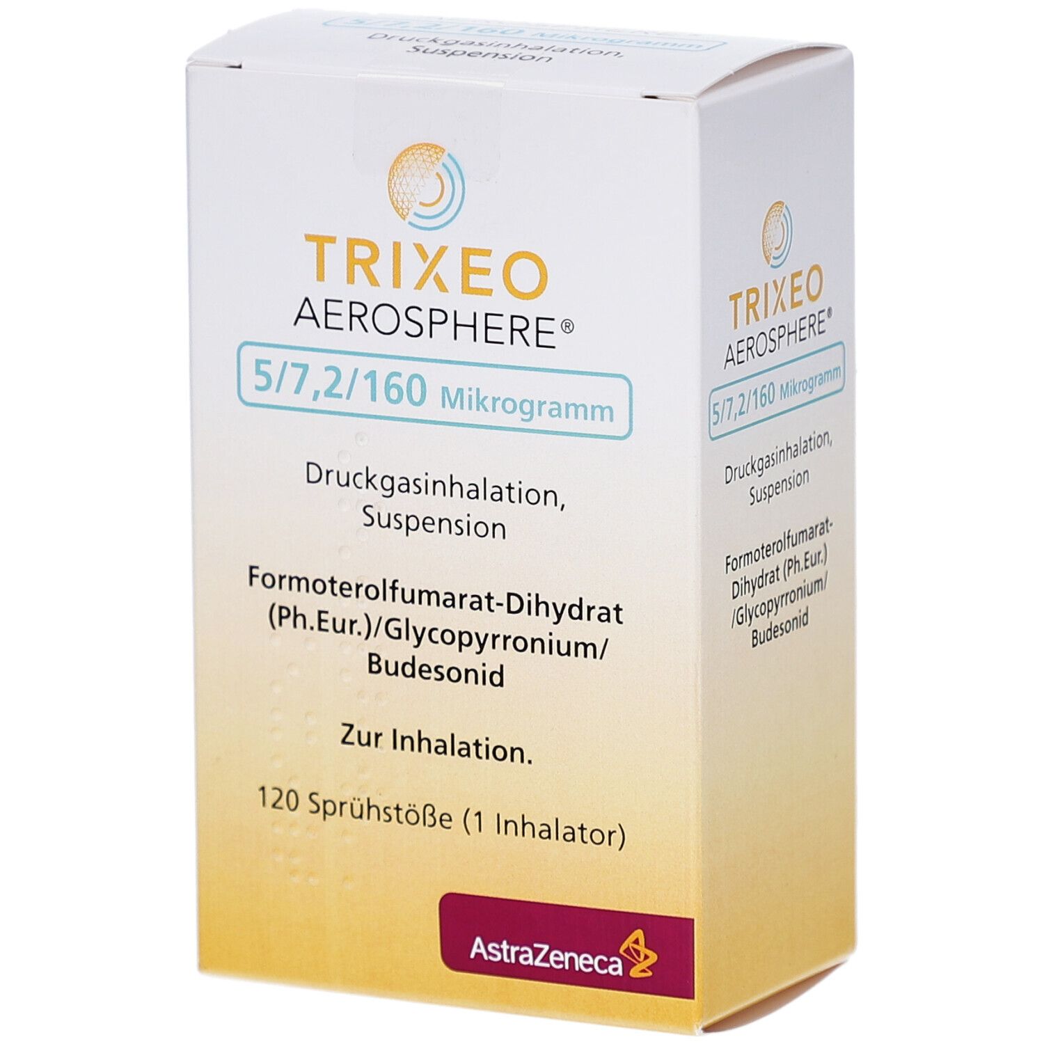 TRIXEO Aerosphere 5/7,2/160 Mikrogramm. Weiße Schachtel mit gelben Akzenten. Text: Druckgasinhalation, Suspension, Formoterol, Budesonid.