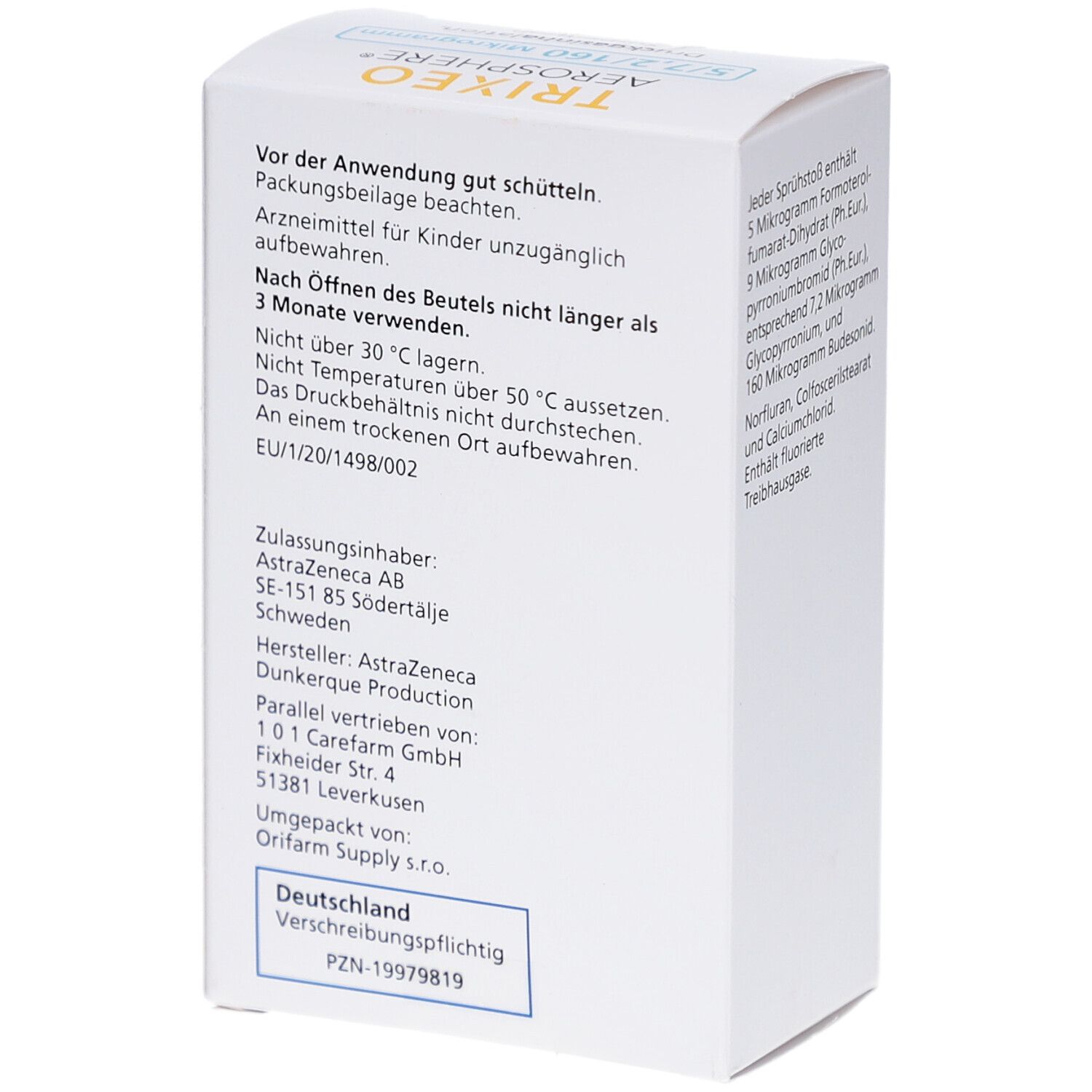 Rückseite der weißen TRIXEO Aerosphere Schachtel. Text: Zulassungsinhaber AstraZeneca. Hersteller: Dunkerque Production. Adresse.