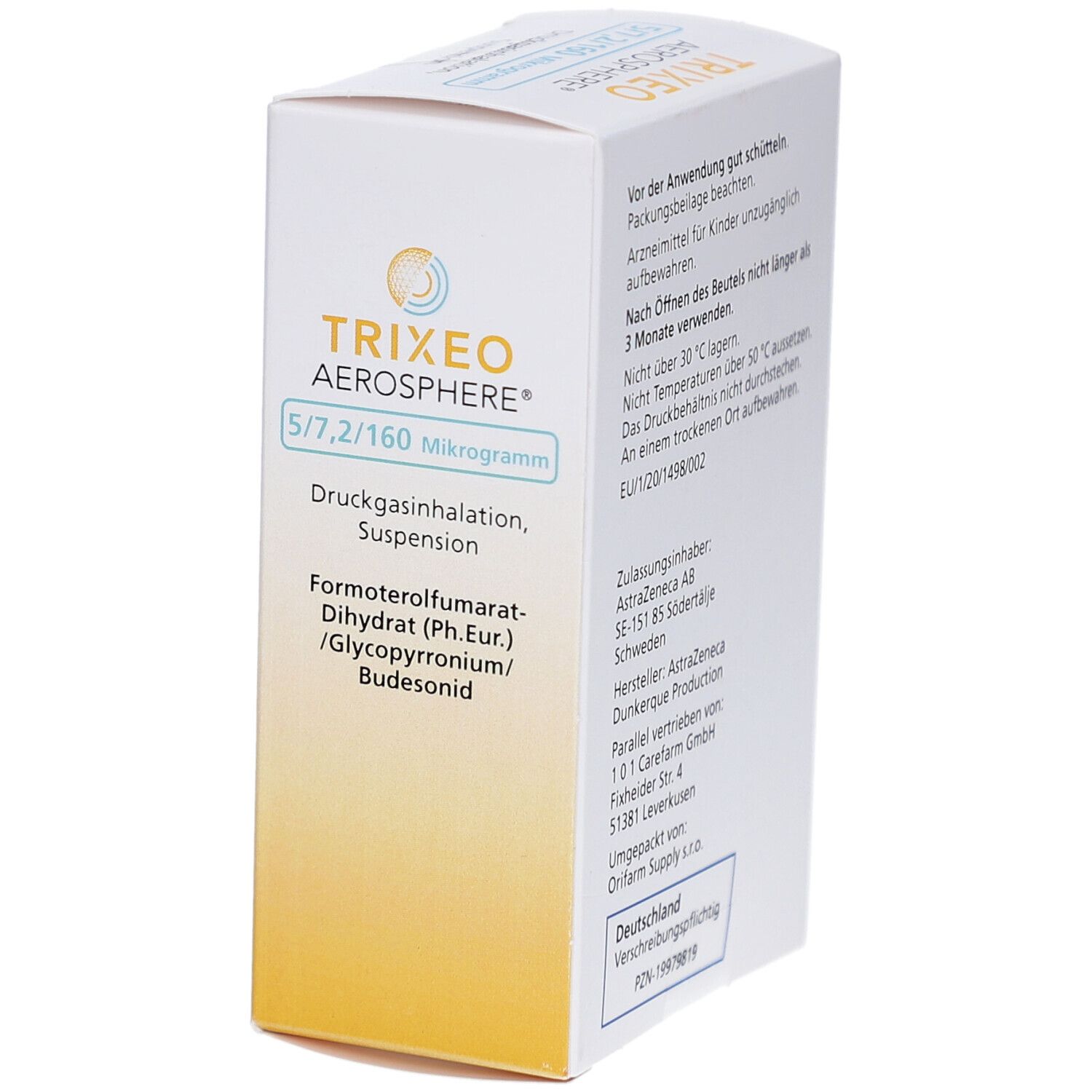 Weiße Schachtel TRIXEO Aerosphere 5/7,2/160 Mikrogramm. Text: Druckgasinhalation, Suspension, Formoterol, Budesonid.