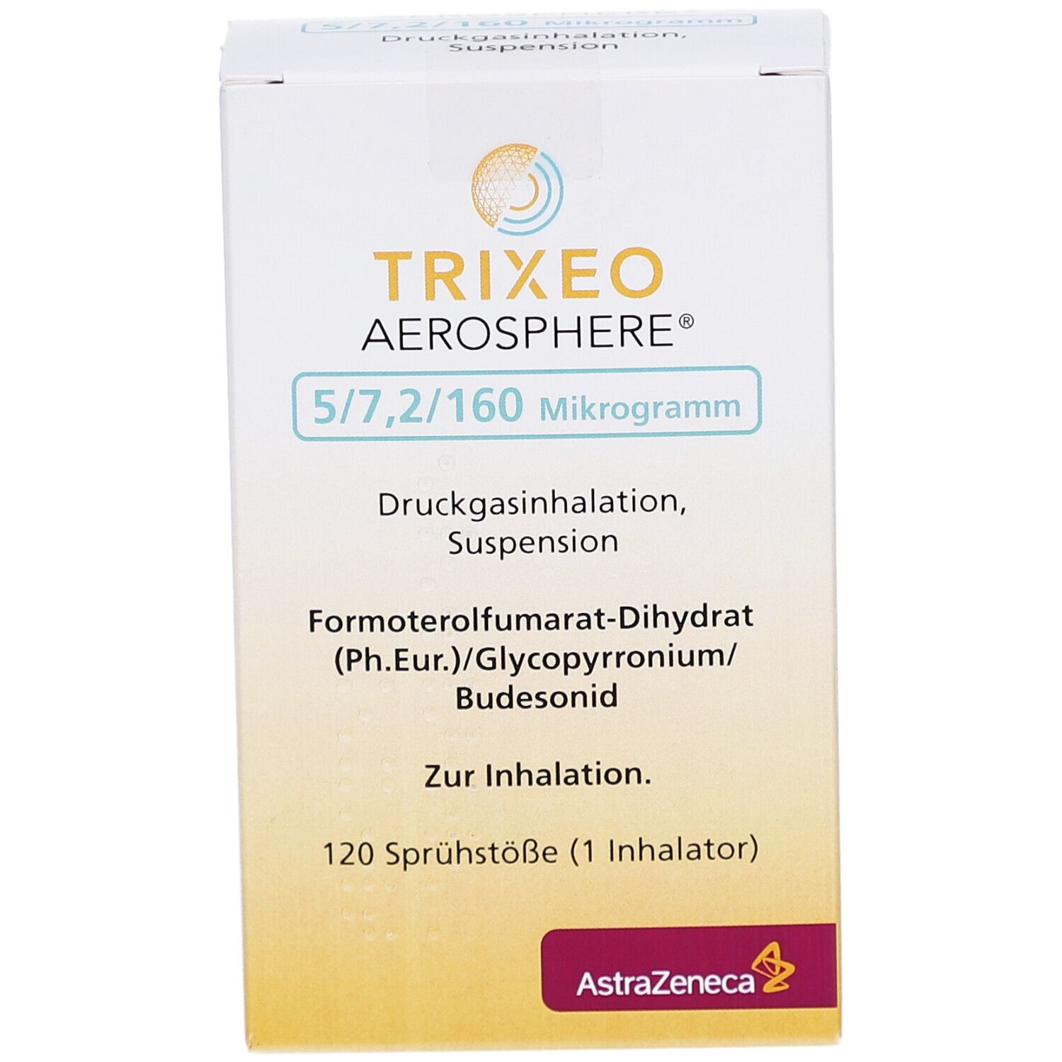 Weiße Schachtel TRIXEO Aerosphere 5/7,2/160 Mikrogramm. Text: Druckgasinhalation, Suspension, Formoterol, Budesonid. 120 Sprühstöße.
