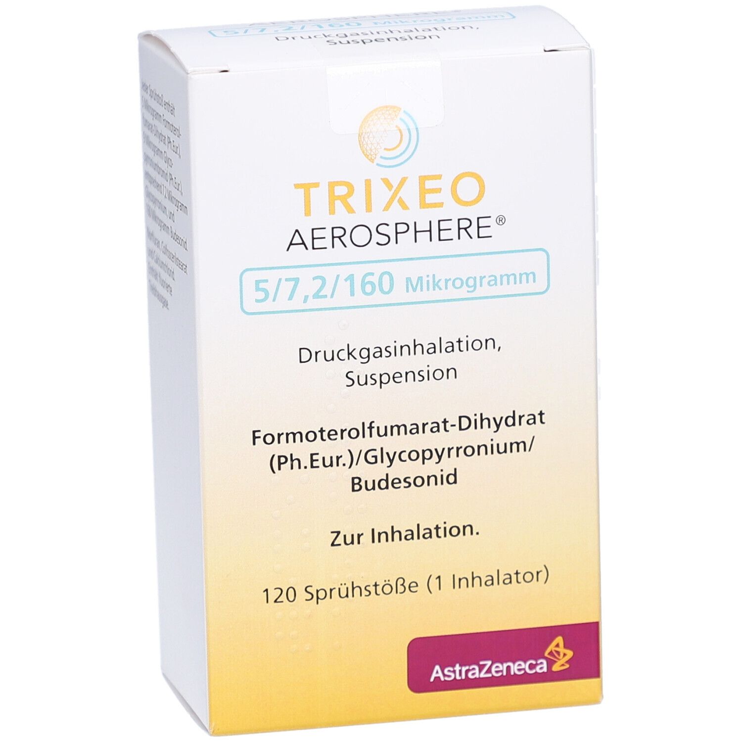 Weiße Schachtel TRIXEO Aerosphere 5/7,2/160 Mikrogramm. Text: Druckgasinhalation, Suspension, Formoterol, Budesonid. 120 Sprühstöße.