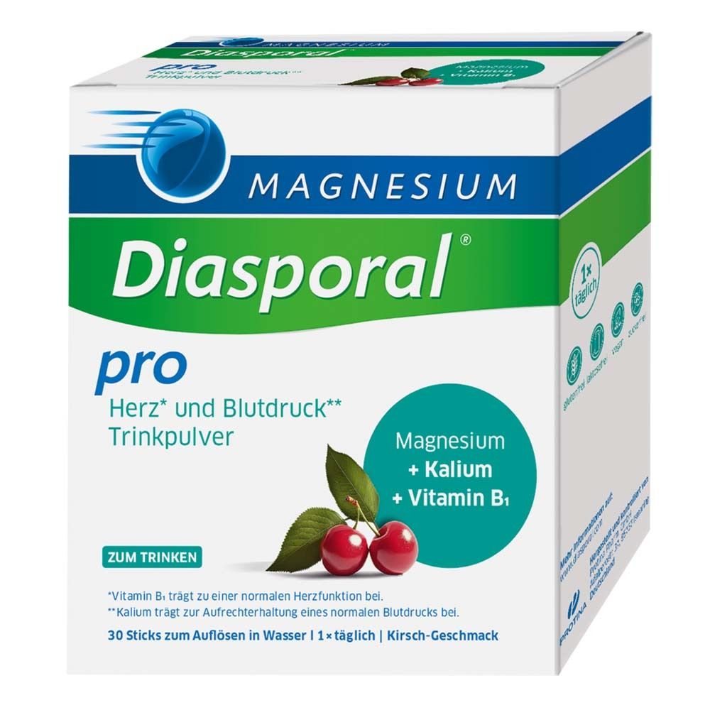 Schachtel mit Magnesium Diasporal pro. Grün-weißes Design, Kirschabbildung. Enthält Magnesium, Kalium, Vitamin B1. 30 Sticks.