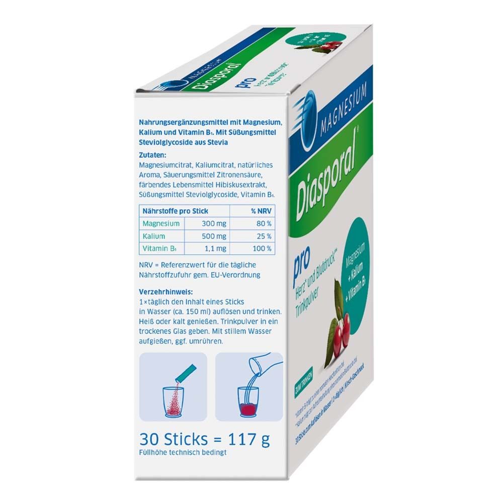 Magnesium Diasporal pro Packung. Enthält Magnesium, Kalium, Vitamin B1. 30 Sticks. Inhaltsstoffe und Dosierung aufgedruckt.