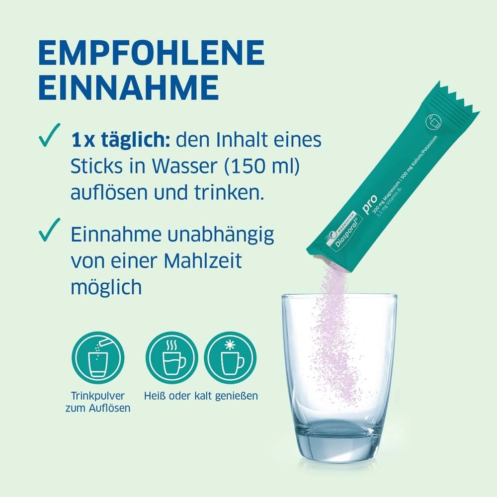 Stick wird in Glas mit Wasser geleert. Text: 1x täglich in Wasser auflösen. Heiß oder kalt genießen.