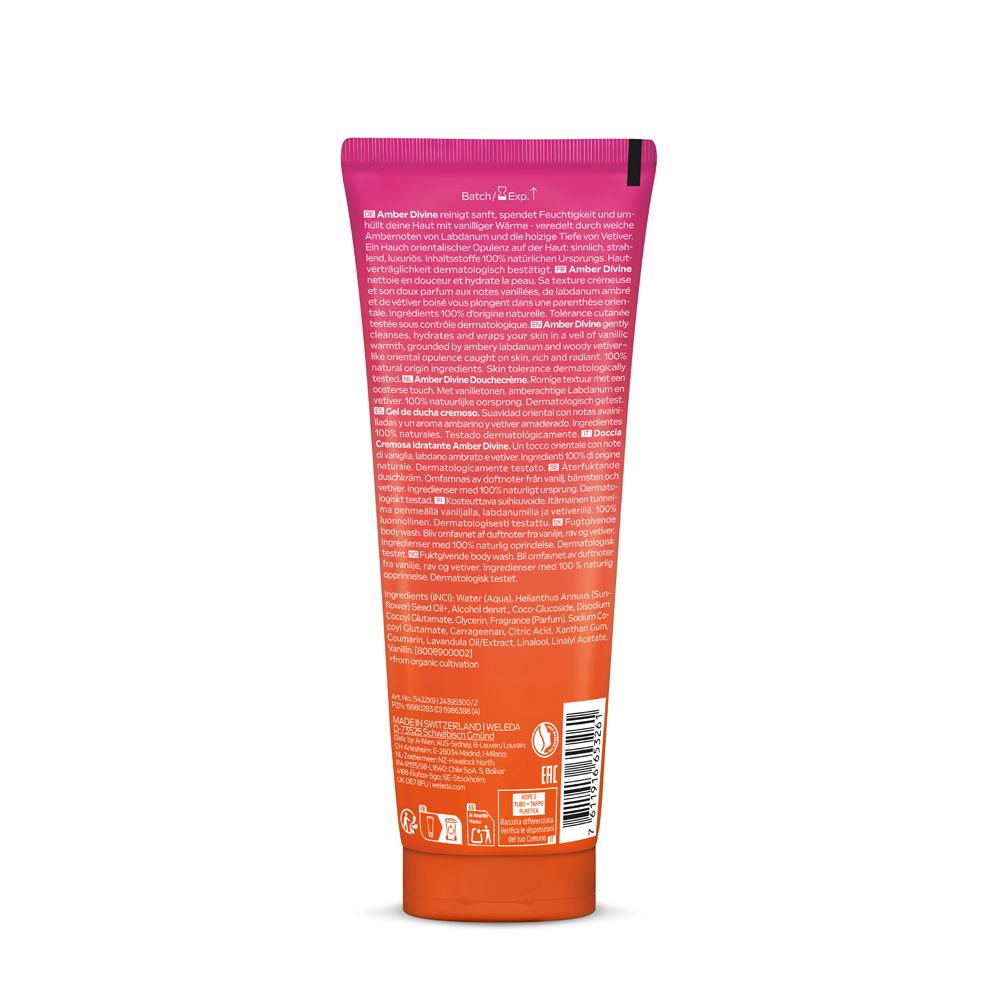 Rückseite der Weleda Amber Divine Limited Edition Duschcreme mit Inhaltsangaben.