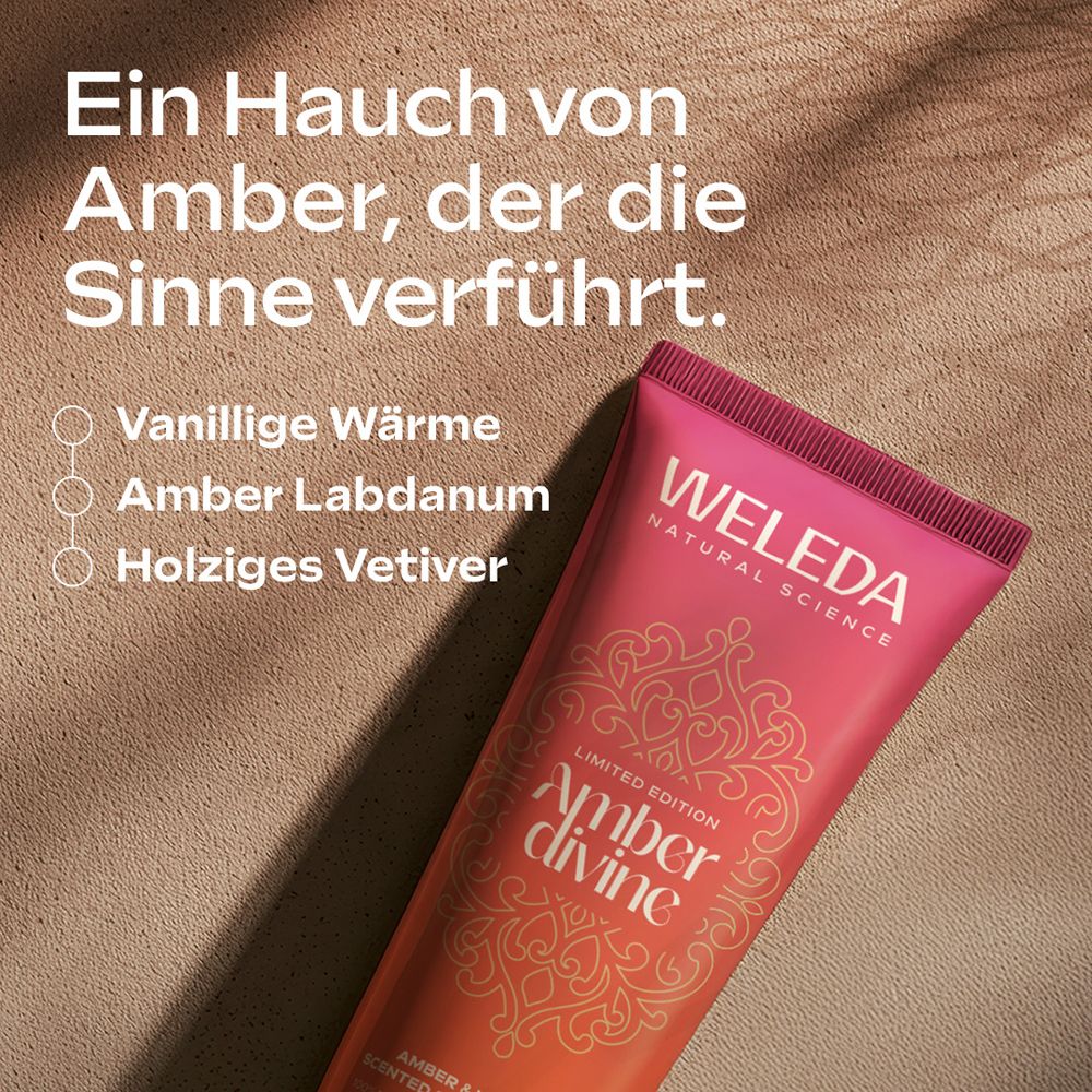 Weleda Amber Divine Limited Edition Duschcreme mit Duftnoten: Vanille, Amber Labdanum, Vetiver.
