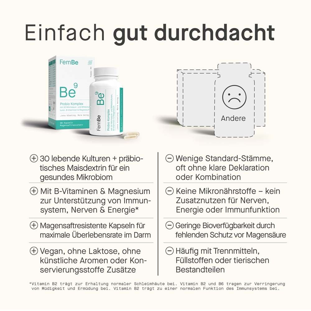 Text: 30 lebende Kulturen, B-Vitamine & Magnesium, magensaftresistente Kapseln, vegan. Gegen: Wenige Standard-Stämme, Zusatzstoffe.
