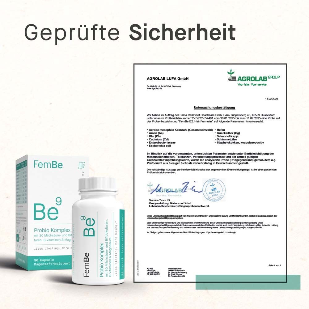 Zertifikat von Agrolab. Text: Untersuchungsergebnis. FemBe9 Probio Komplex. Weiße Flasche und Schachtel.
