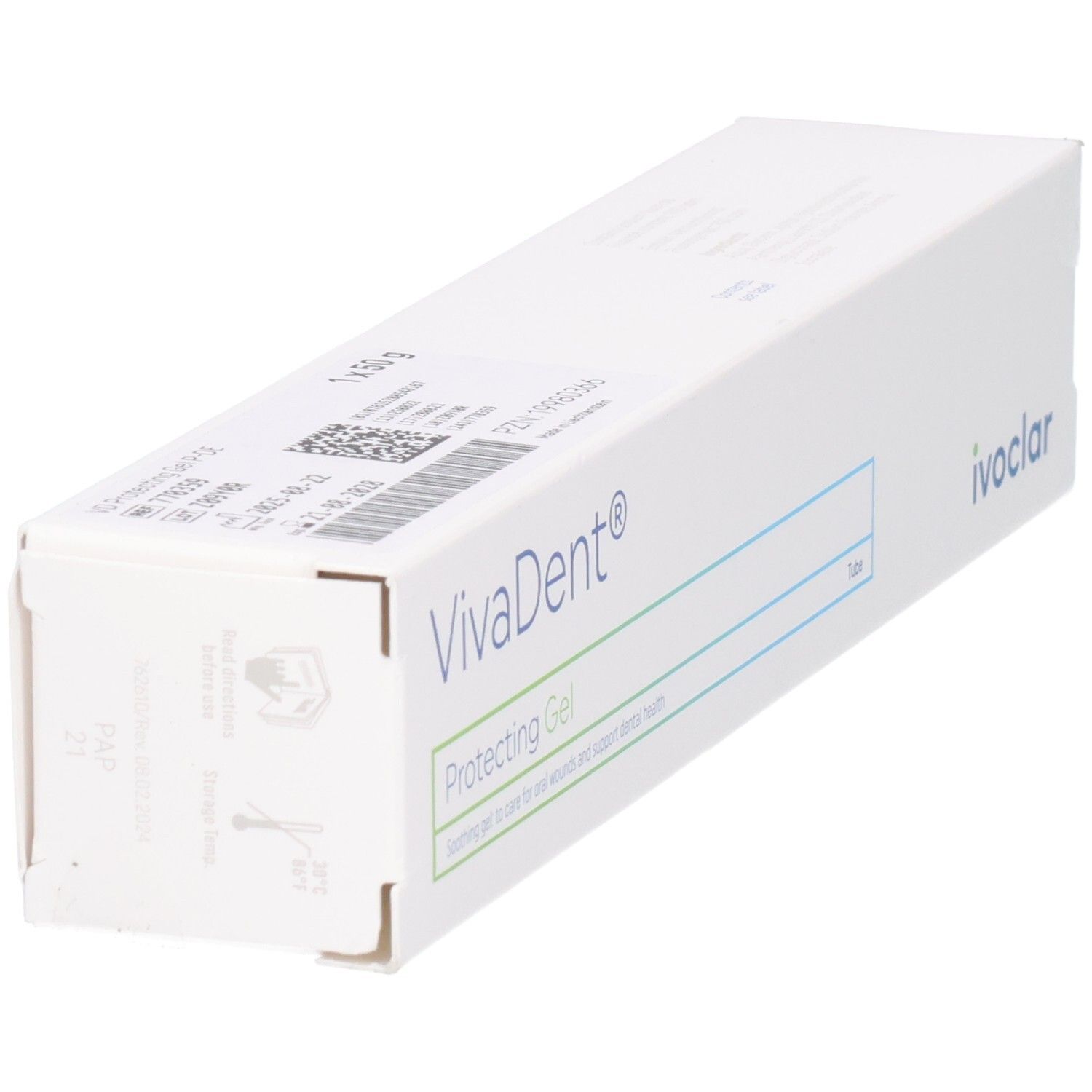Weiße Verpackung, VivaDent Protecting Gel, Firmenlogo Ivocar, QR-Code und andere Informationen.