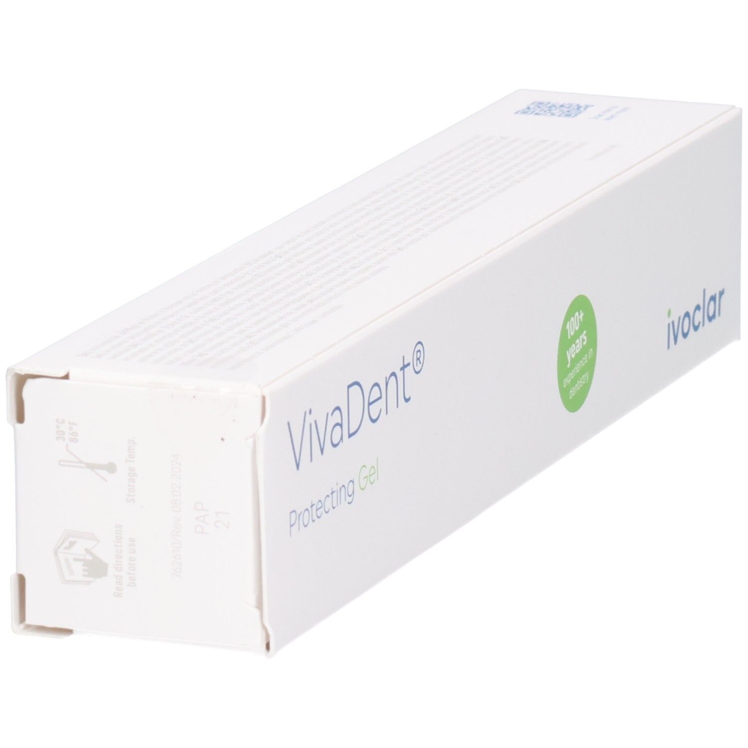 Weiße Verpackung, VivaDent Protecting Gel, Firmenlogo Ivocar und ein grüner Kreis.