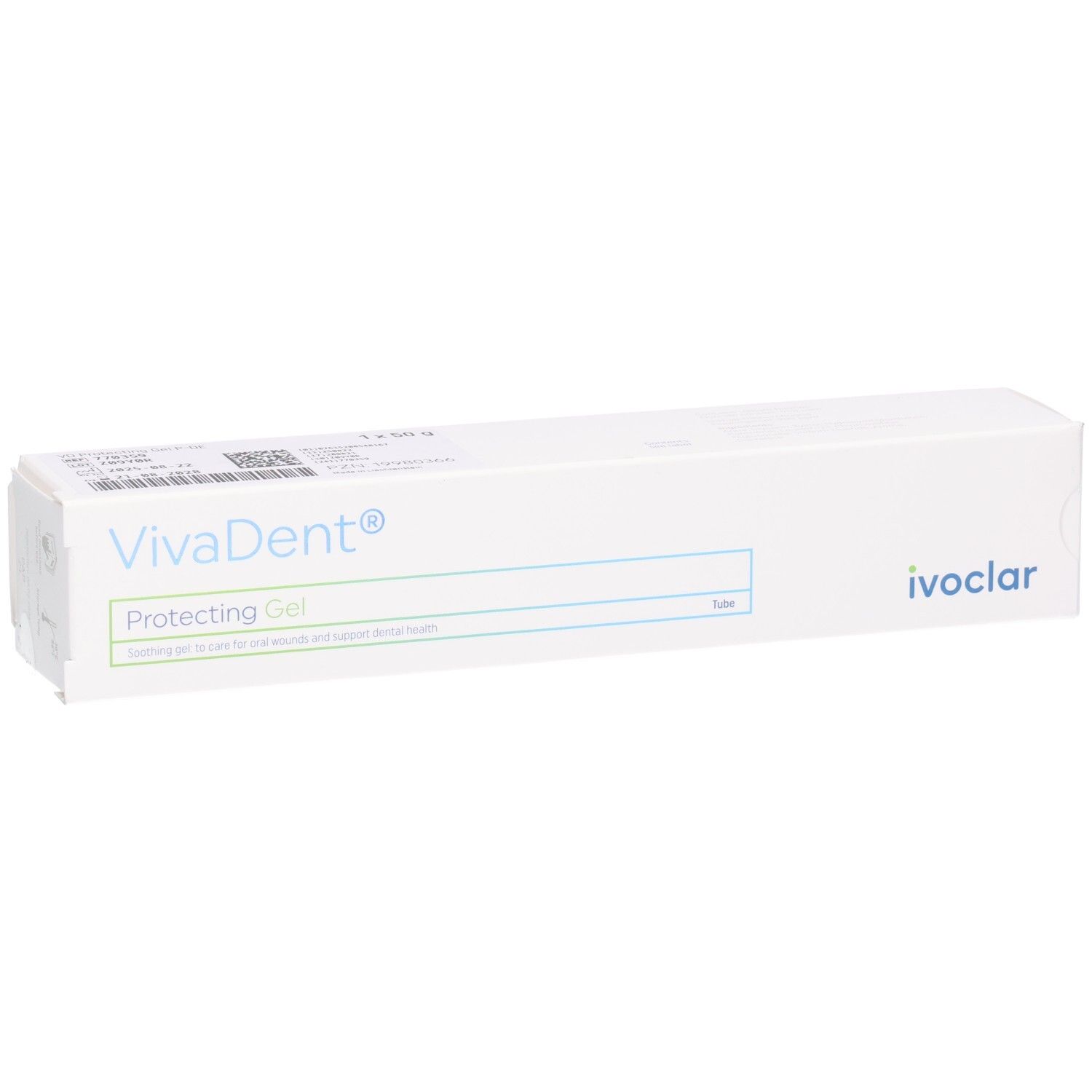 Weiße Verpackung mit VivaDent Protecting Gel und Firmenlogo Ivocar.