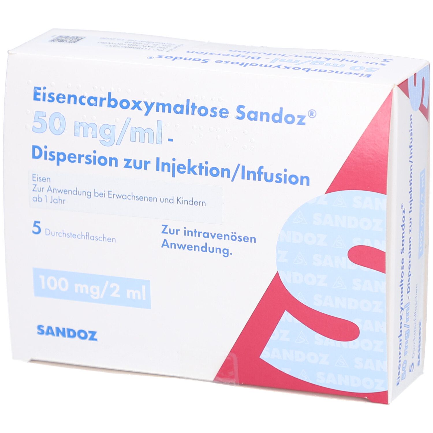 Verpackung von Eisencarboxymaltose Sandoz. Aufschrift: 50 mg/ml, Dispersion zur Injektion/Infusion. Enthält 5 Durchstechflaschen.