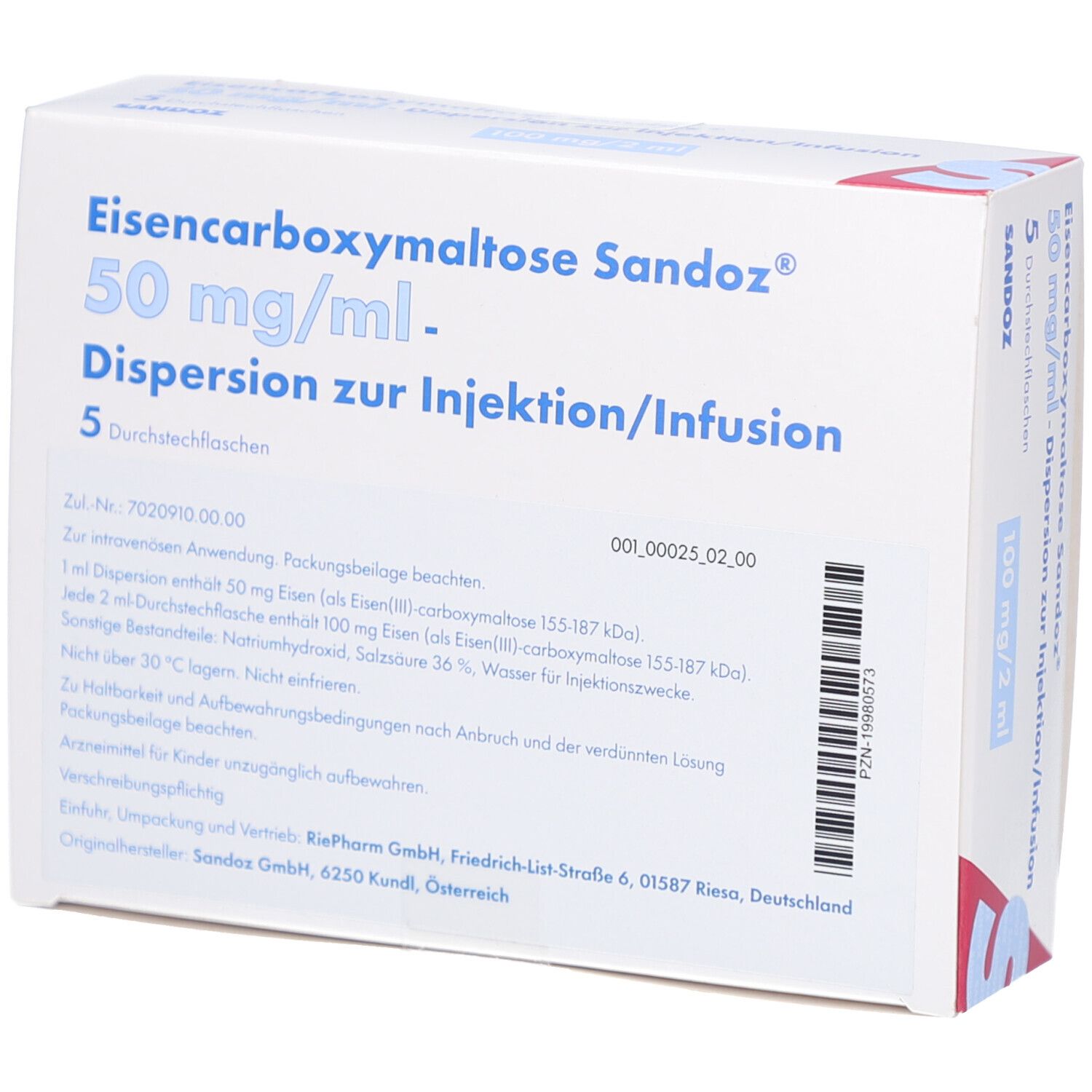 Rückseite der Verpackung von Eisencarboxymaltose Sandoz. Enthält Informationen und Aufschriften. Weiß mit blauer Schrift.