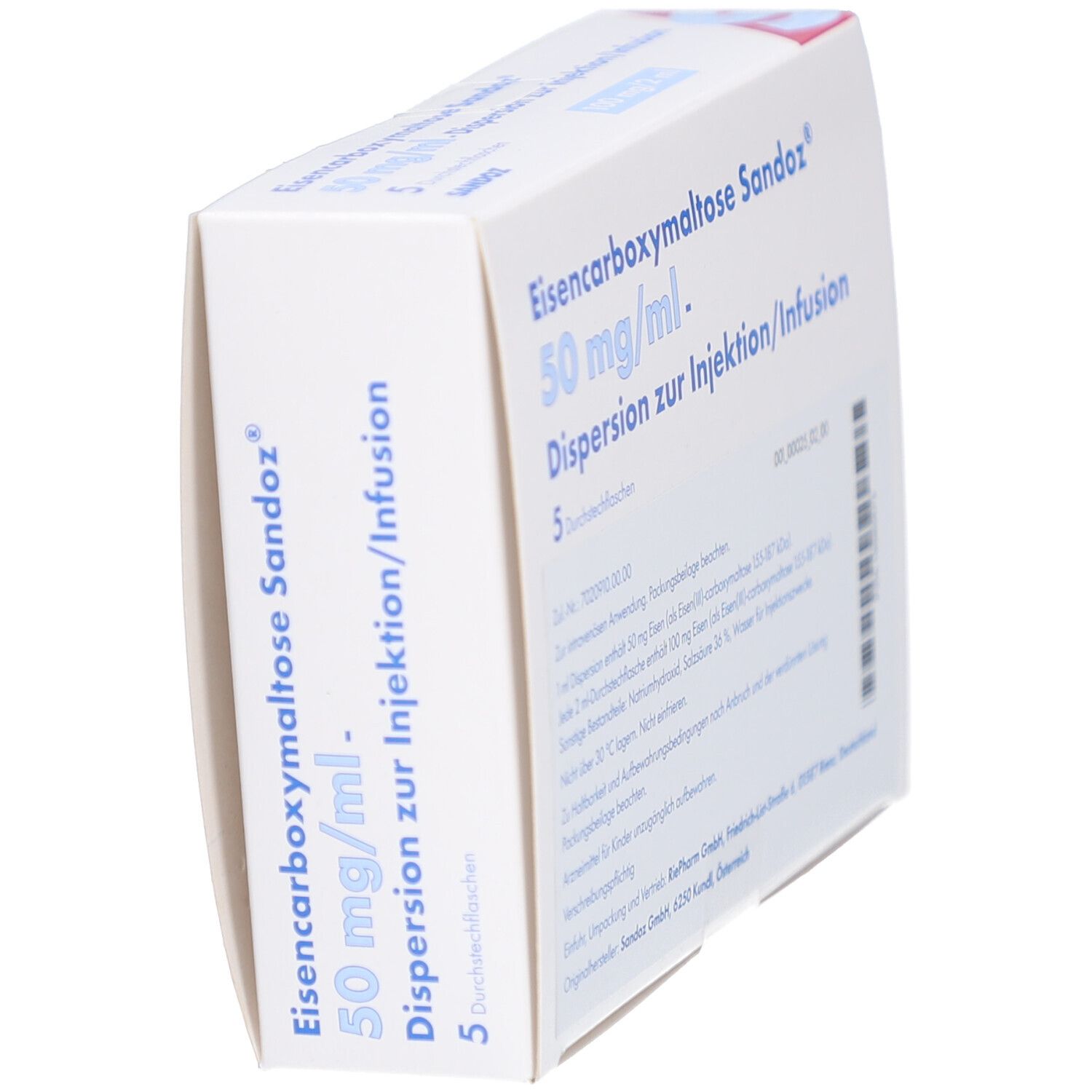 Schräg gestellte Verpackung von Eisencarboxymaltose Sandoz. Aufschrift: 50 mg/ml, Dispersion zur Injektion/Infusion. Weiß mit roter Grafik.