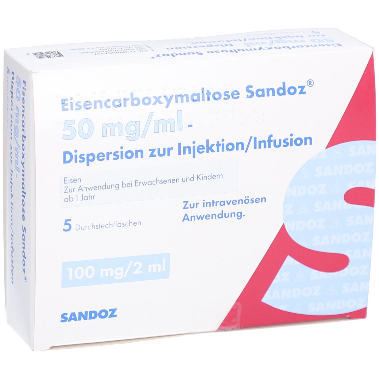 Verpackung von Eisencarboxymaltose Sandoz. Aufschrift: 50 mg/ml, Dispersion zur Injektion/Infusion. Enthält 5 Durchstechflaschen.