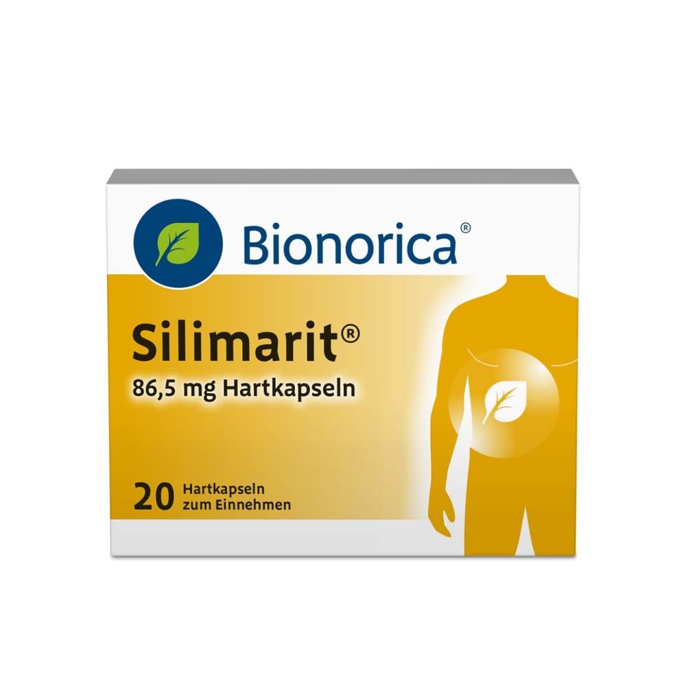 Schachtel Silimarit® 86,5 mg Hartkapseln. Marke Bionorica. 20 Kapseln. Abbildung eines menschlichen Körpers.