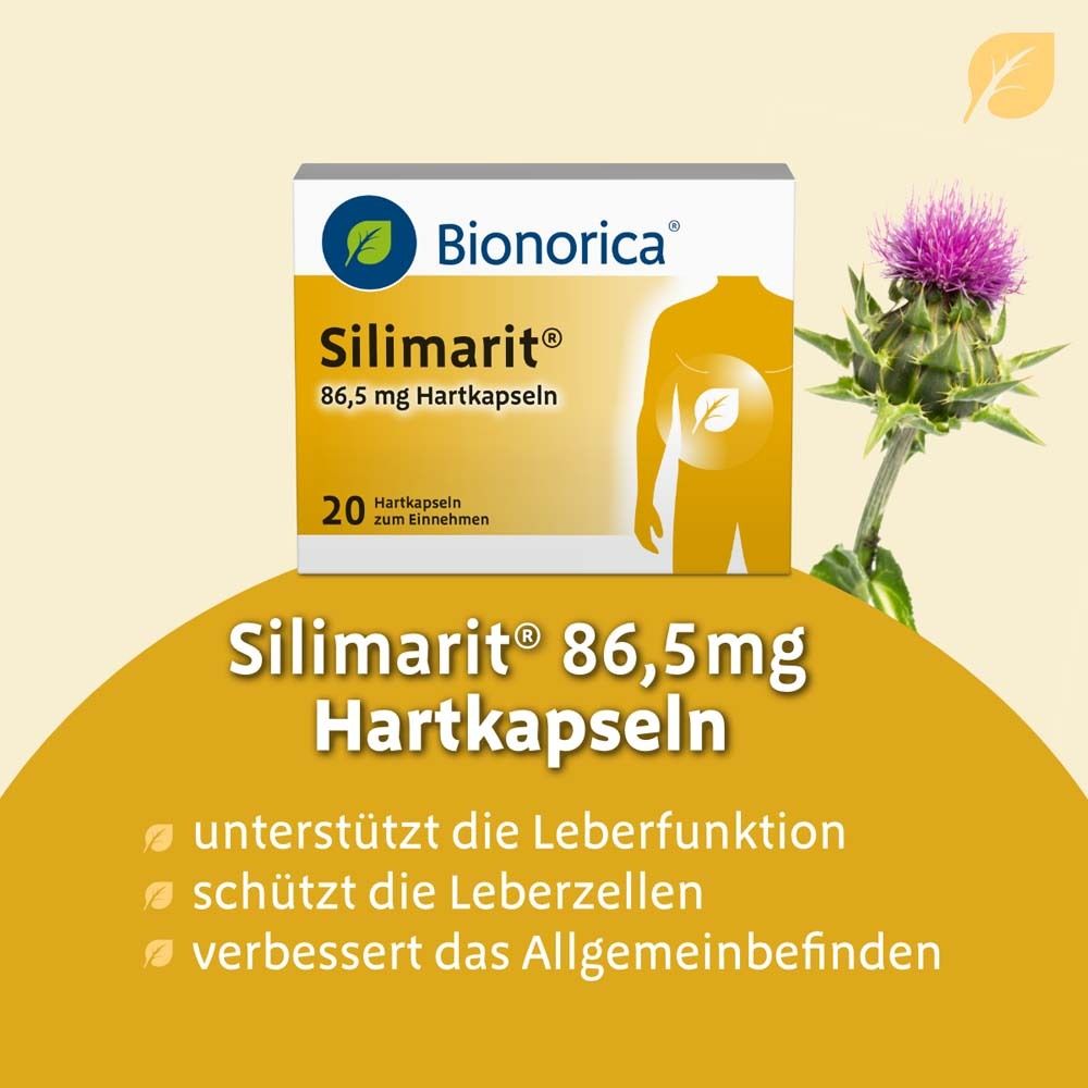 Schachtel Silimarit® 86,5 mg Hartkapseln. Marke Bionorica. 20 Kapseln. Mariendistel und Abbildung eines Körpers.