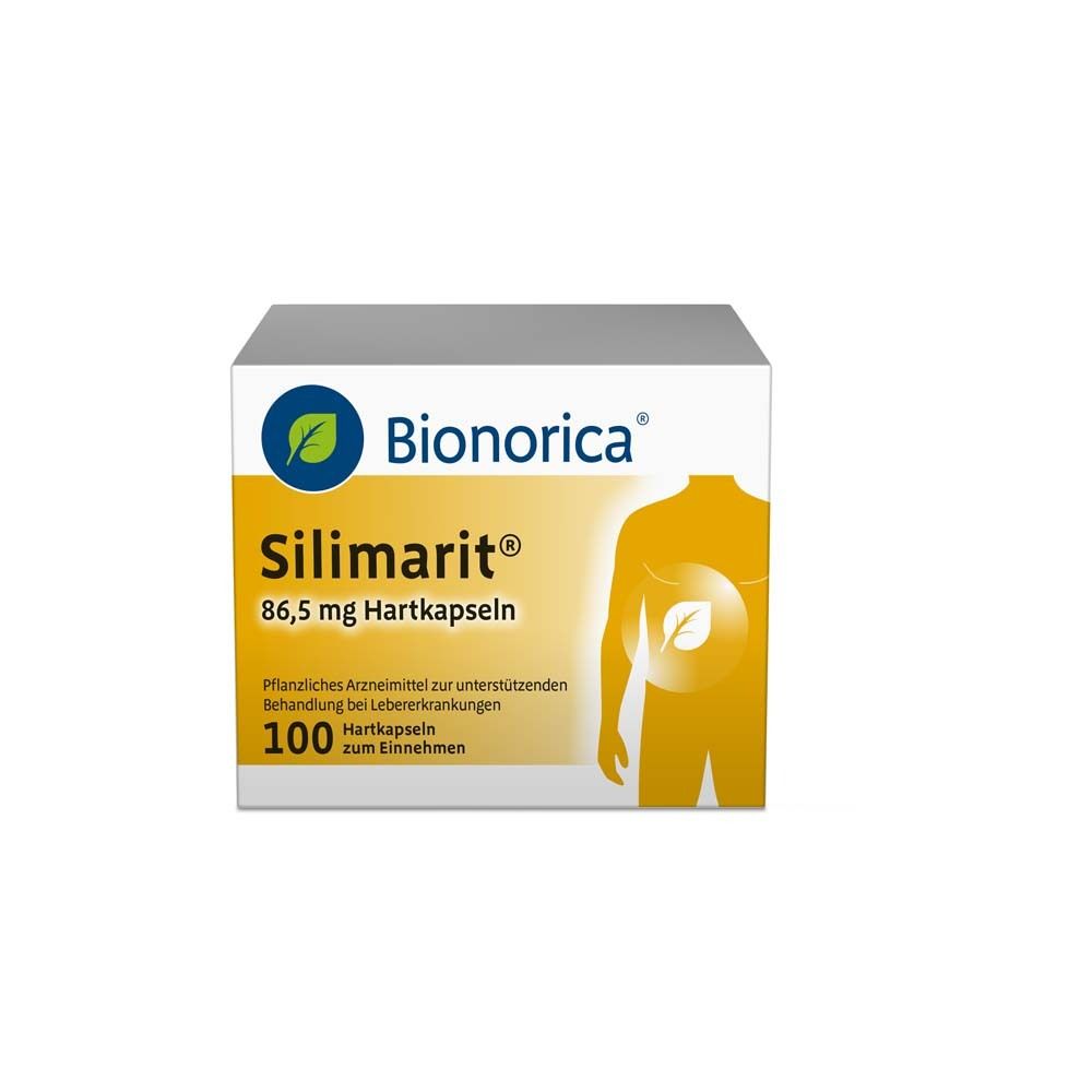 Weiße Schachtel mit Produktaufdruck. Aufschrift: Silimarit® 86,5 mg Hartkapseln, 100 Hartkapseln. Logo: Bionorica.