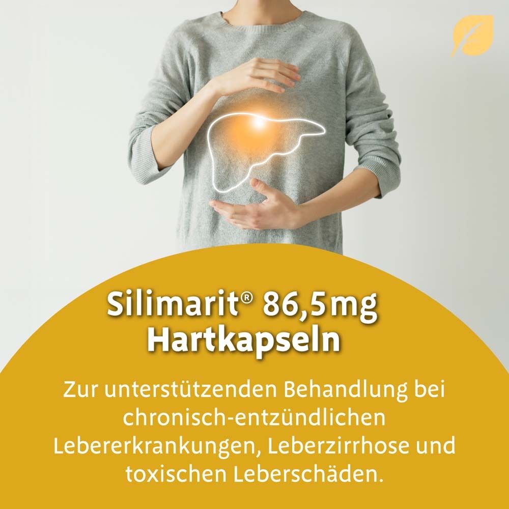 Person hält Hände über einem gelb markierten Bereich. Text: Silimarit® 86,5 mg Hartkapseln. Text zur Behandlung bei Lebererkrankungen.