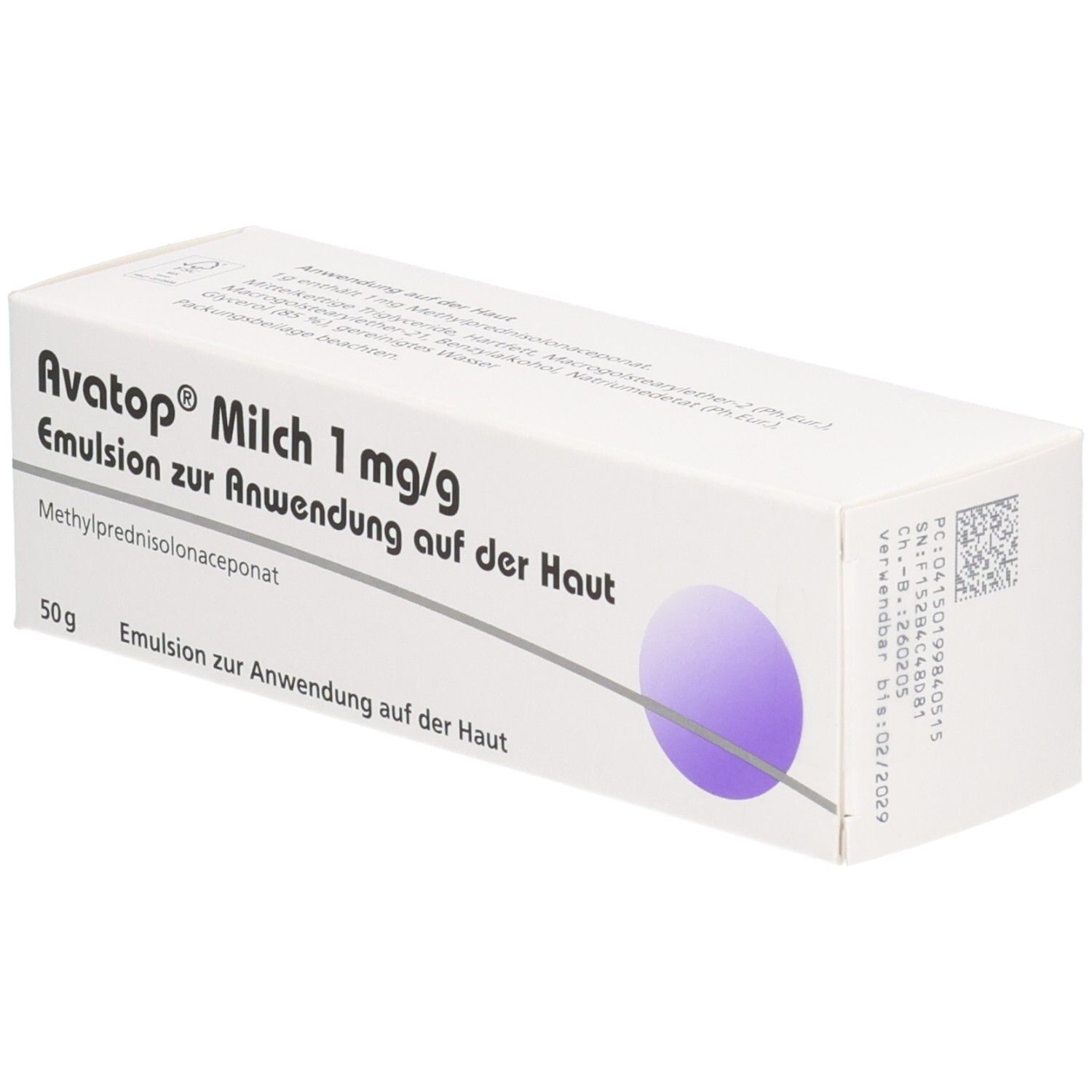 Weiße Schachtel mit Produktnamen Avatop Milch 1 mg/g. Lila Kreis. Text: Emulsion zur Anwendung auf der Haut.
