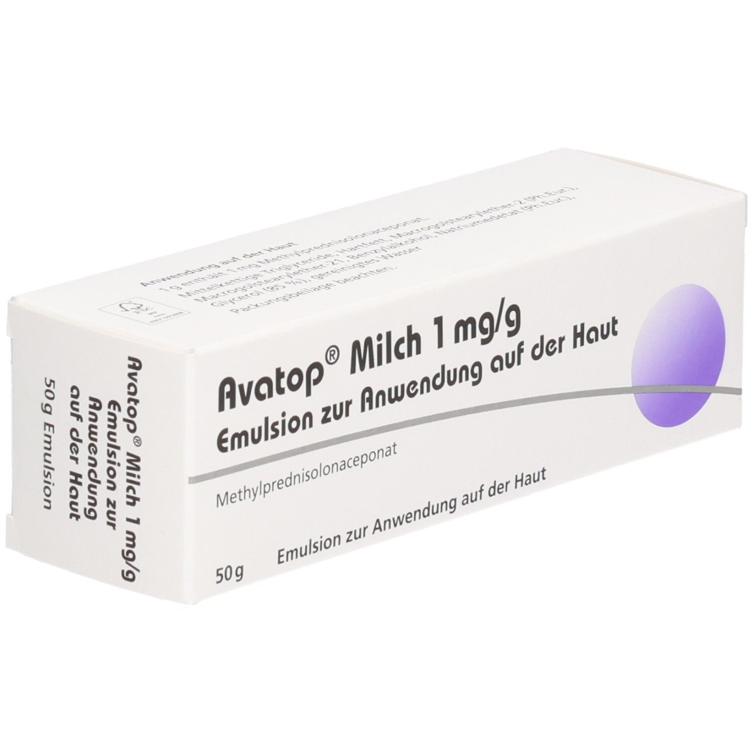 Weiße Schachtel mit Produktnamen Avatop Milch 1 mg/g. Lila Kreis. Text: Emulsion zur Anwendung auf der Haut.