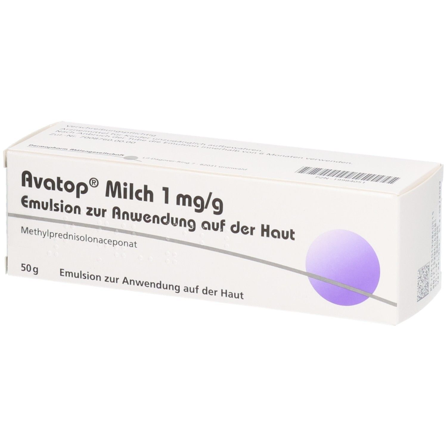 Weiße Schachtel mit Produktnamen Avatop Milch 1 mg/g. Lila Kreis. Text: Emulsion zur Anwendung auf der Haut.