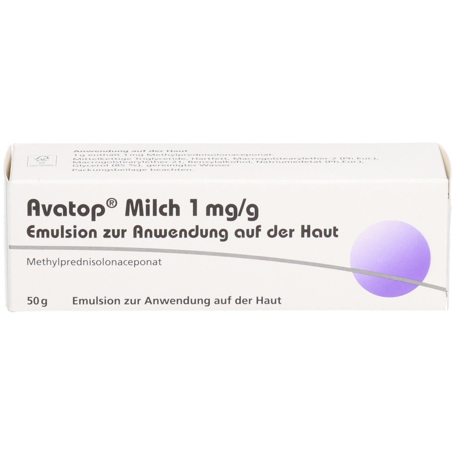 Weiße Schachtel mit Produktnamen Avatop Milch 1 mg/g. Lila Kreis. Text: Emulsion zur Anwendung auf der Haut.