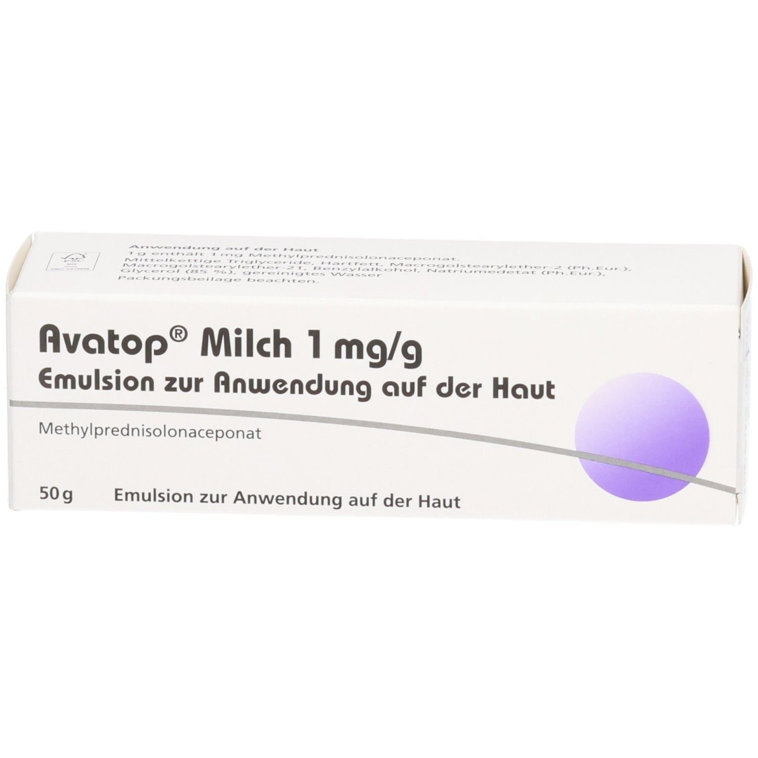 Weiße Schachtel mit Produktnamen Avatop Milch 1 mg/g. Lila Kreis. Text: Emulsion zur Anwendung auf der Haut.