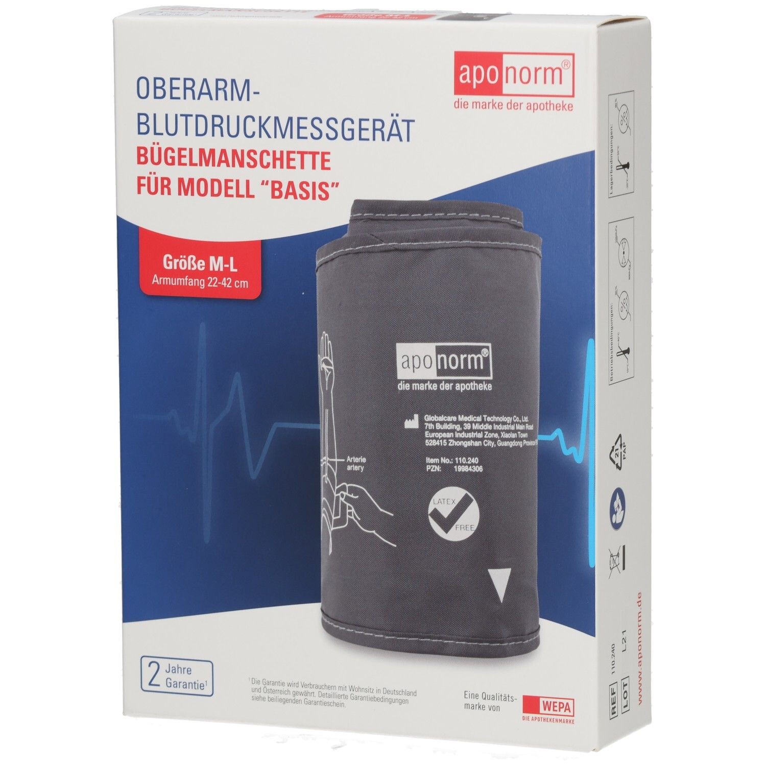 Verpackung für eine aponorm® Oberarm-Blutdruckmanschette, Größe M-L.
